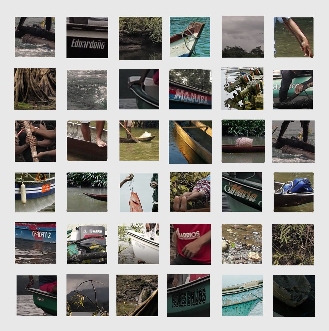 A square grid of 36 equally large square-shaped cropped photographs showing parts of boats, human bodies, and water  