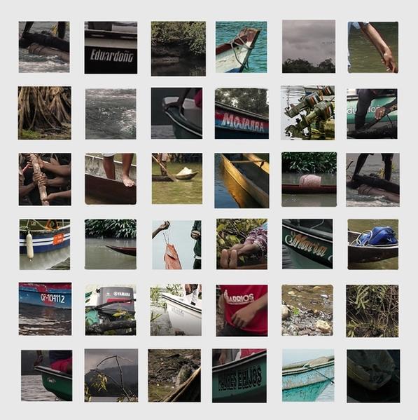 A square grid of 36 equally large square-shaped cropped photographs showing parts of boats, human bodies, and water