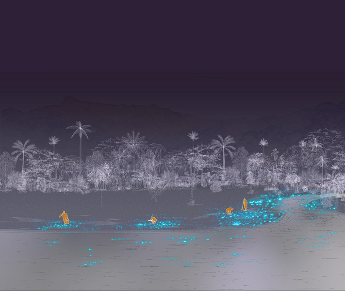 A false-color digital drawing depicting four human figures in bright orange outlined against an invertedgreyscale drawing of a lush tropical forest in the background, walking amidst and picking up fluorescent turquoise colored material that is scattered around them on the ground