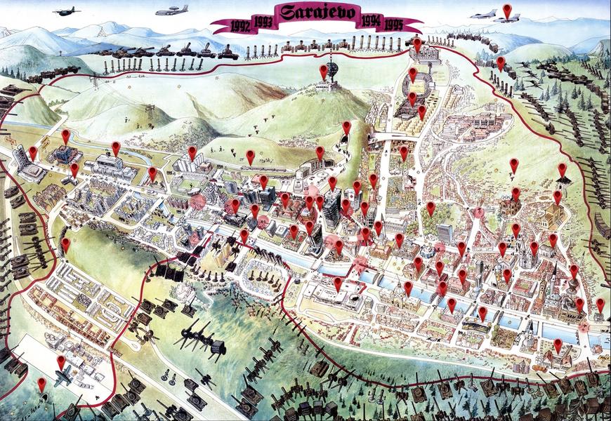 A hand drawn, colored map of a city, in a medieval style, covered with Google Earth location pins. Around the city, instead of city walls one can see tanks, canons, and other heavy artillery, suggesting siege. Top center, a red banner with black lettering in Gothic typ reads 'Sarajevo 1992-1993-1994-1995'