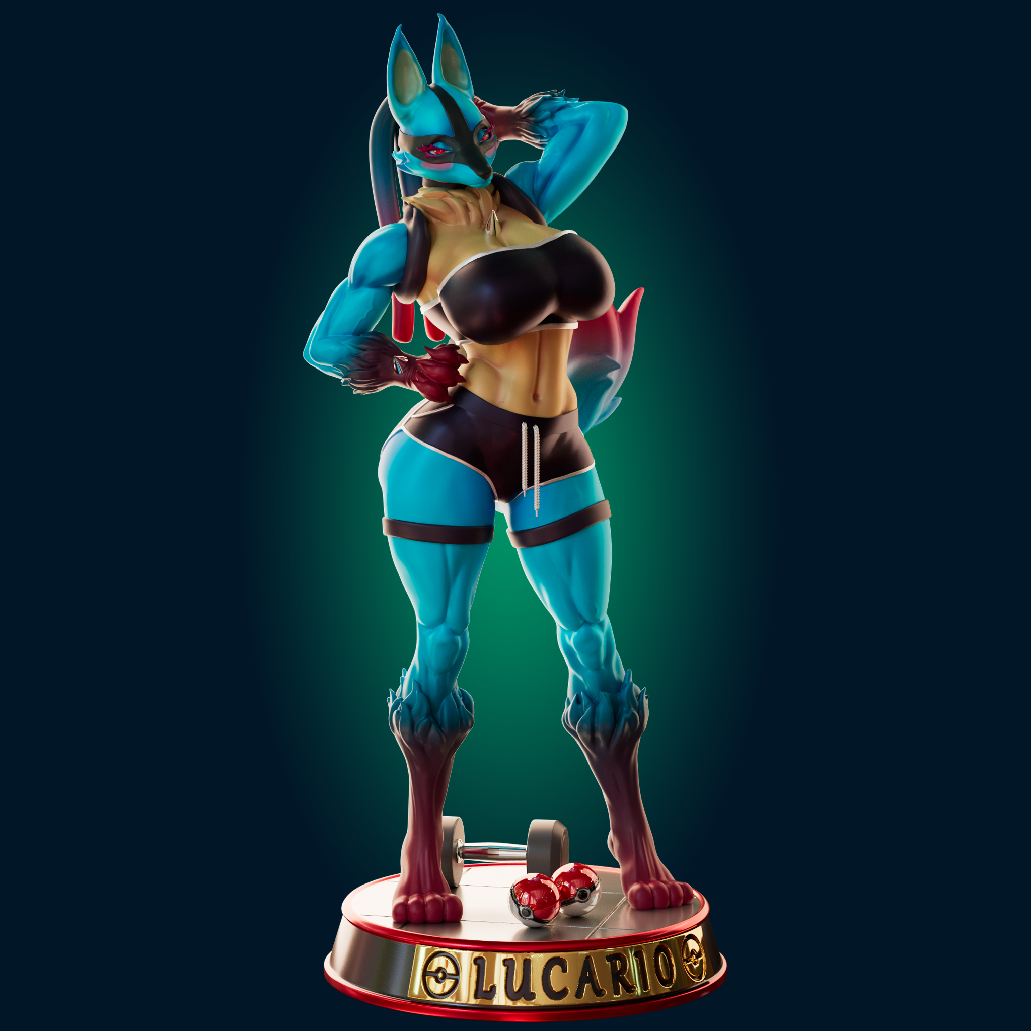 Lucario Thicc Muscle Mommy Statue | Pokémon Fan Art by Officer Rhu SFW,NSFW,Futa 3d printed statue,3d printed,nsfw statue,futa statue,Lucario statue,Pokemon statue