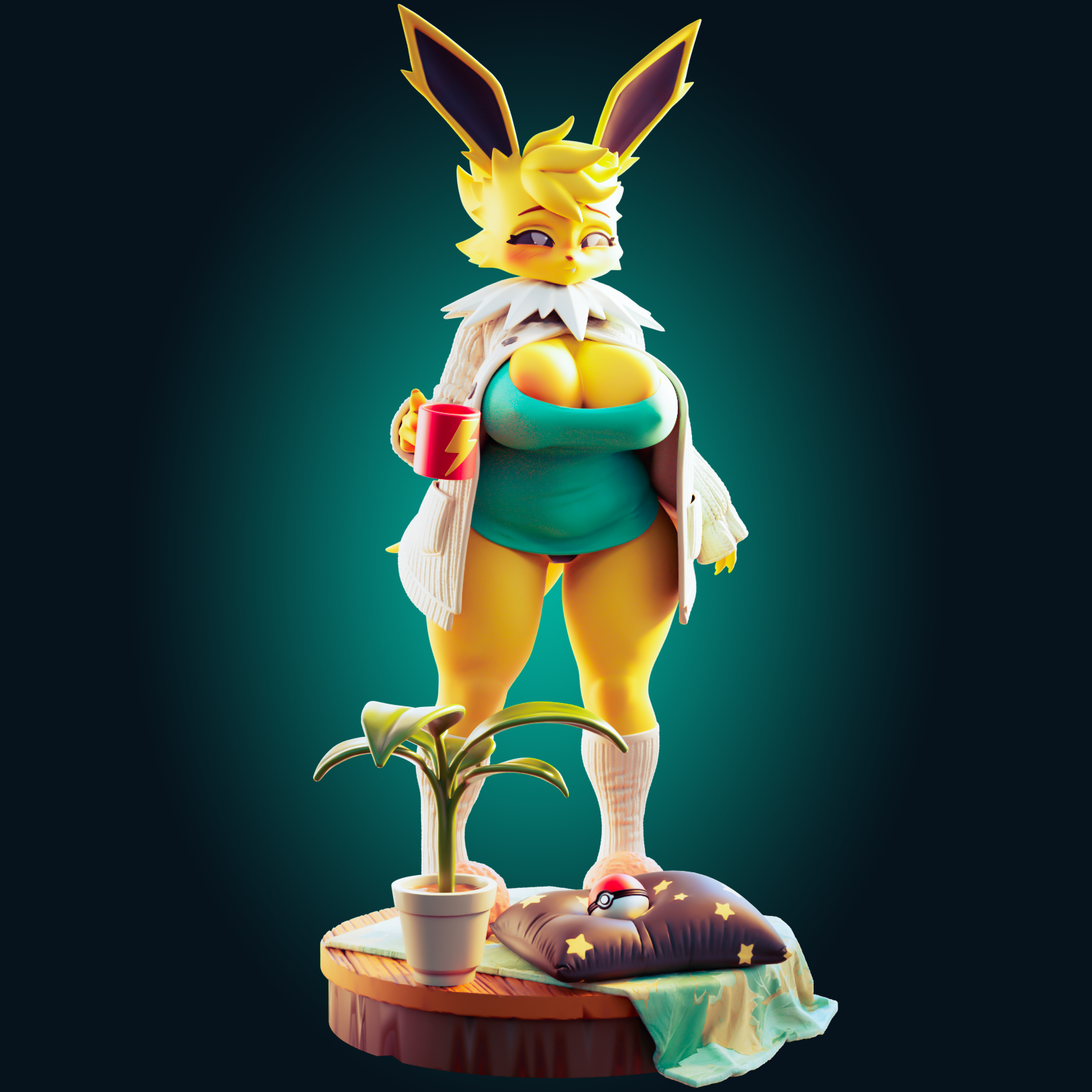 Jolteon Chill Curvy Statue | Pokémon Fan Art by Officer Rhu SFW,NSFW,Futa 3d printed statue,3d printed,3d printed figure,Jolteon Statue,Pokemon Statue