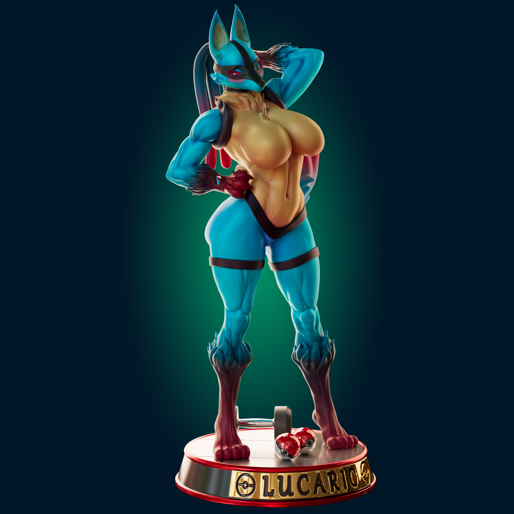 Lucario Thicc Muscle Mommy Statue | Pokémon Fan Art by Officer Rhu SFW,NSFW,Futa 3d printed statue,3d printed,nsfw statue,futa statue,Lucario statue,Pokemon statue