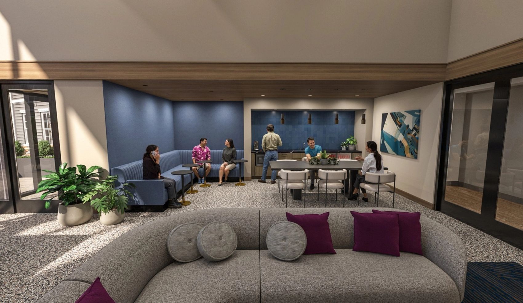 Whether it’s a quick lunch, casual hang, or hosting friends, this cozy lounge features oversized seating, a dining table, and a modern kitchenette that feels like home.