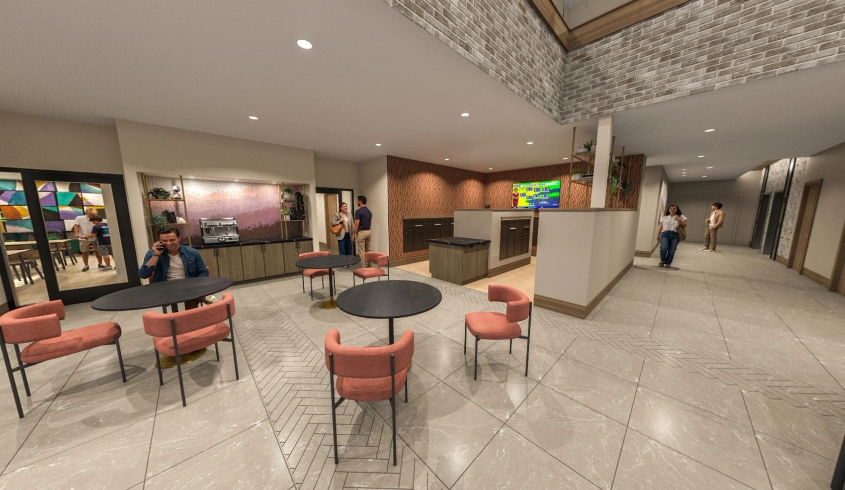 A lively hub with café tables, a coffee bar, a convenient mailroom, and private glass-enclosed rooms—perfect for working, relaxing, or grabbing a quick break.