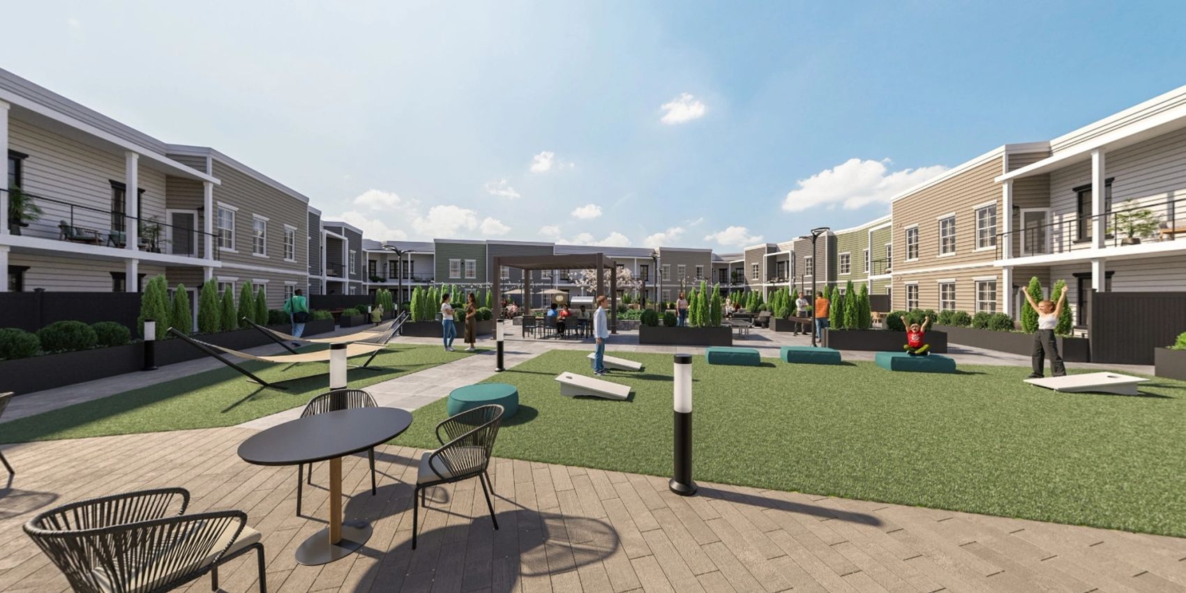 The outdoor courtyard is your backyard escape — with hammocks for lounging, cornhole for friendly games, and casual seating perfect for catching up or kicking back.