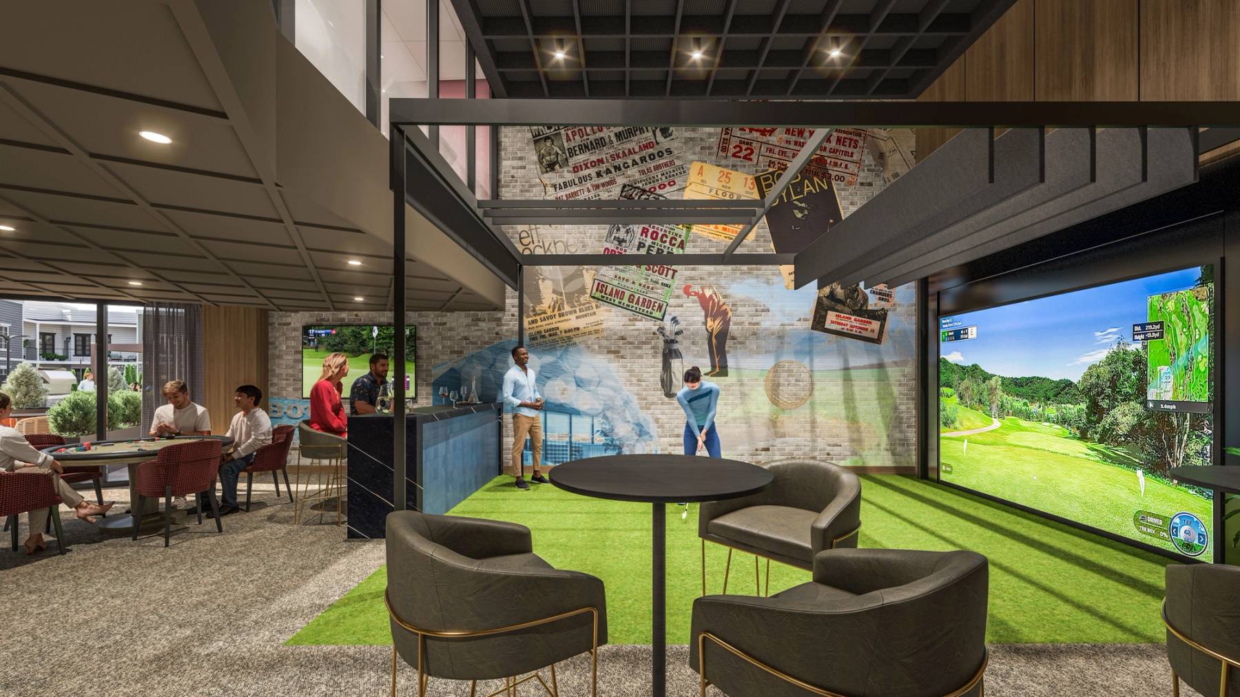 Sports lounge with TVs, bar, and a state-of-the-art golf simulator.