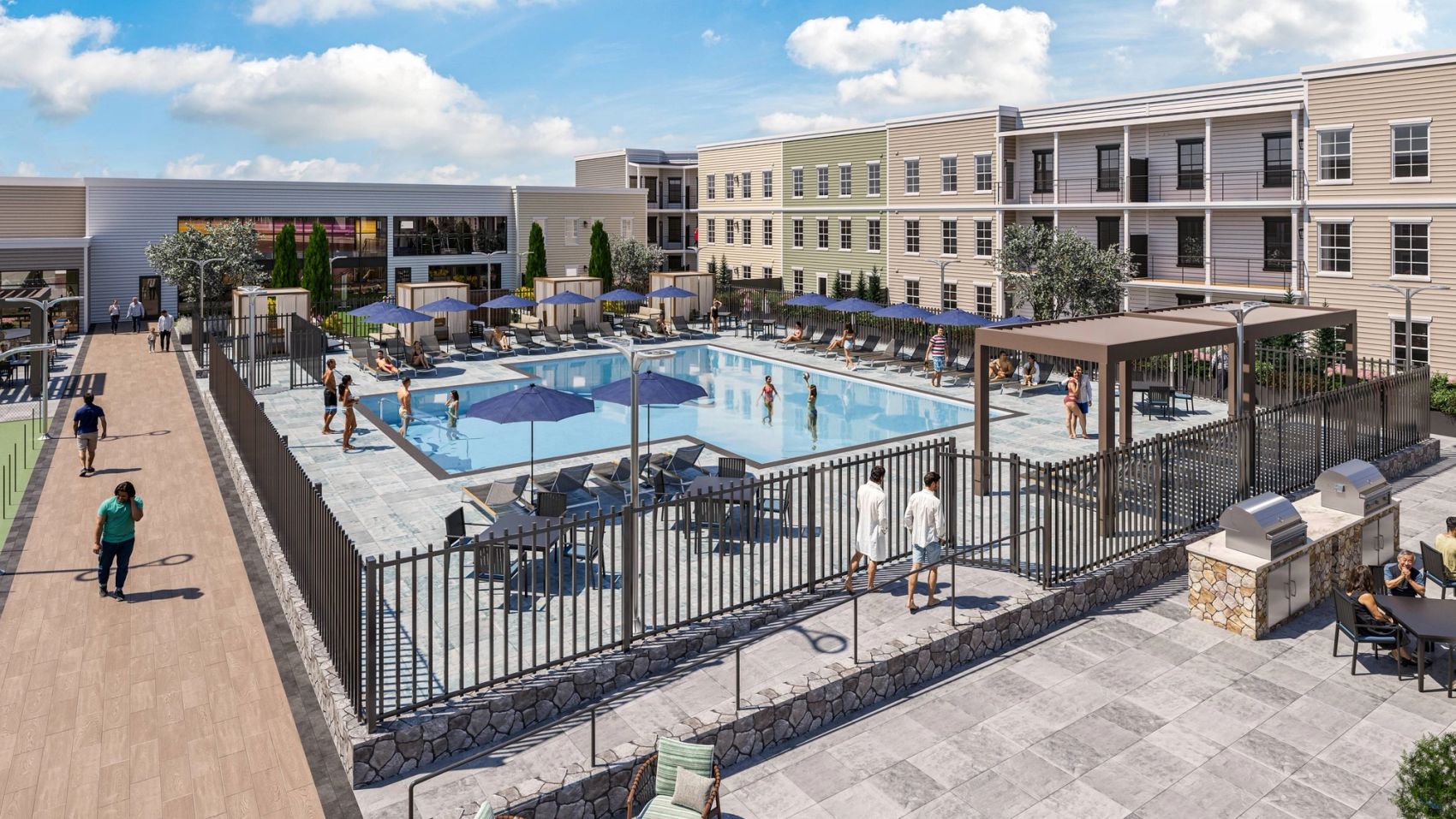 A vibrant outdoor escape with a sparkling pool, loungers, umbrellas, and a pickleball court—perfect for relaxing or getting active.