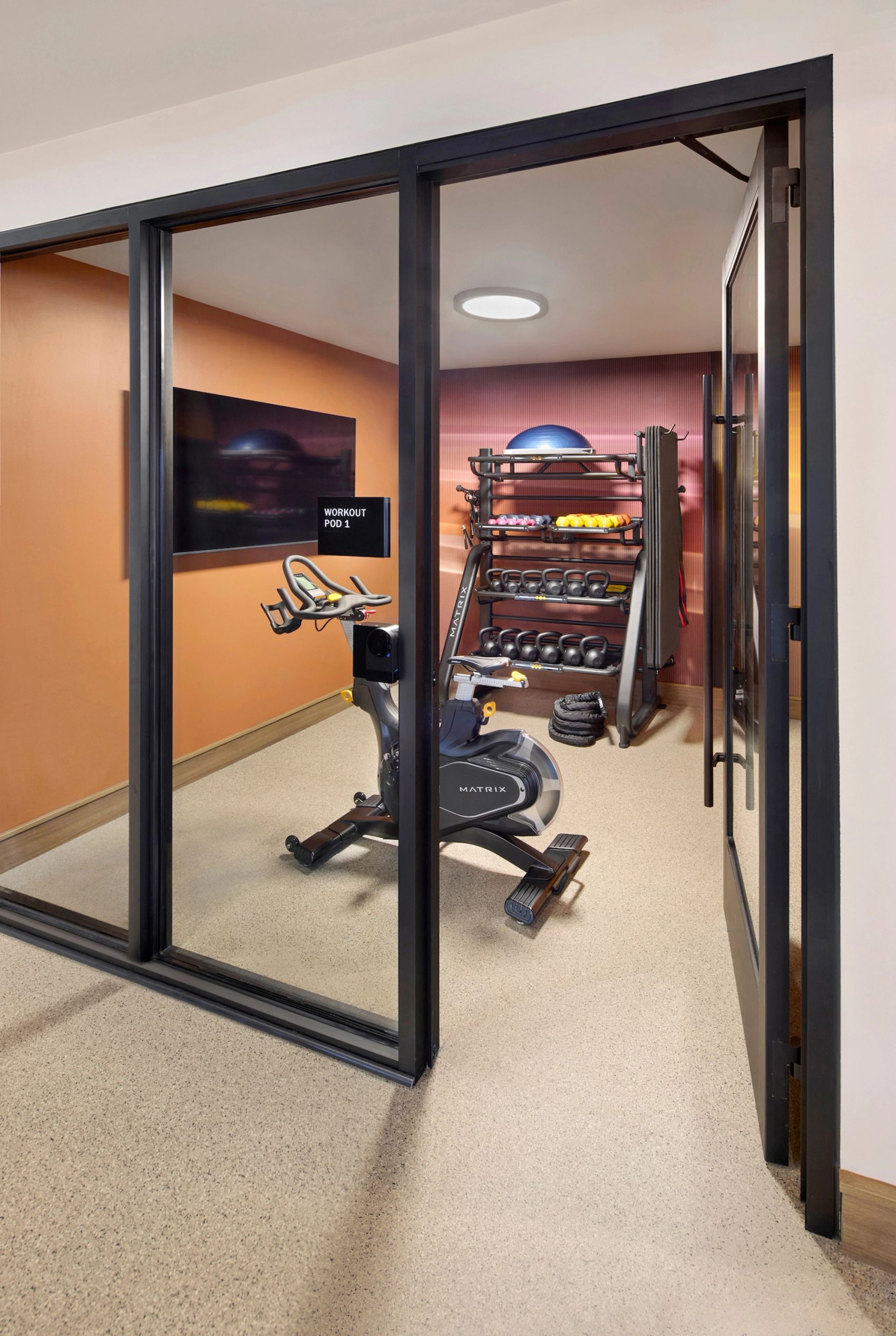 Private workout room with a stationary bike, rowing machine, kettlebells, dumbbells, and other fitness equipment behind glass doors.