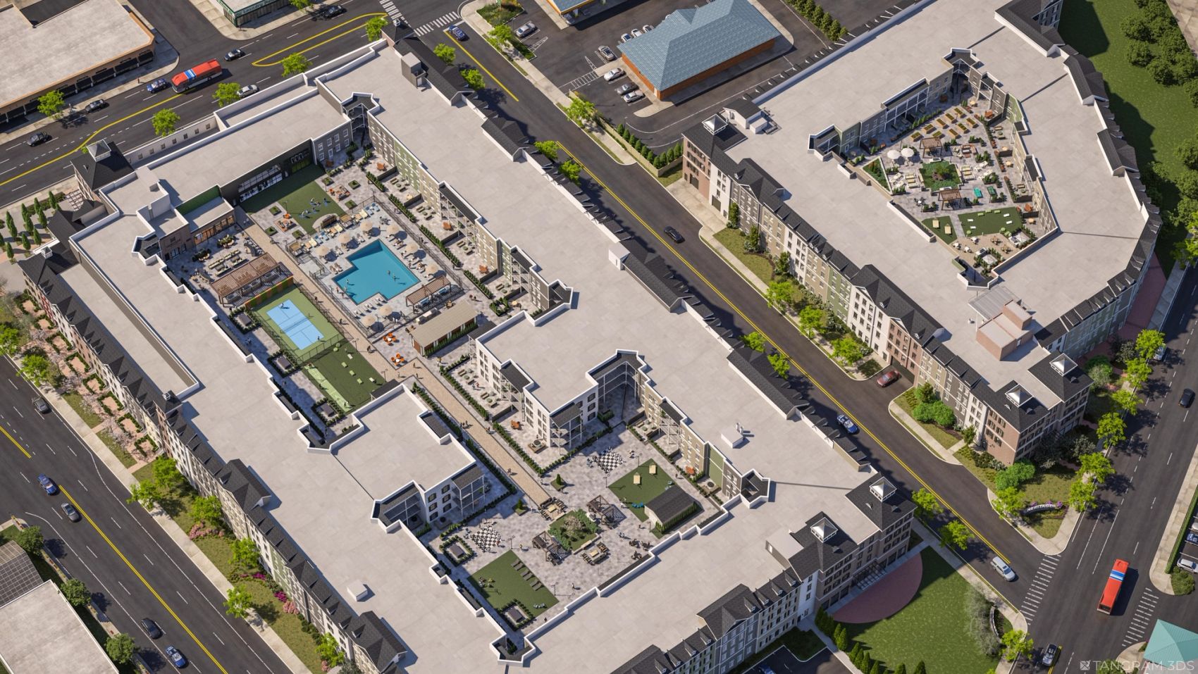 Aerial view of Heritage Westminster, capturing both buildings, central courtyard, and thoughtfully designed outdoor amenities.
