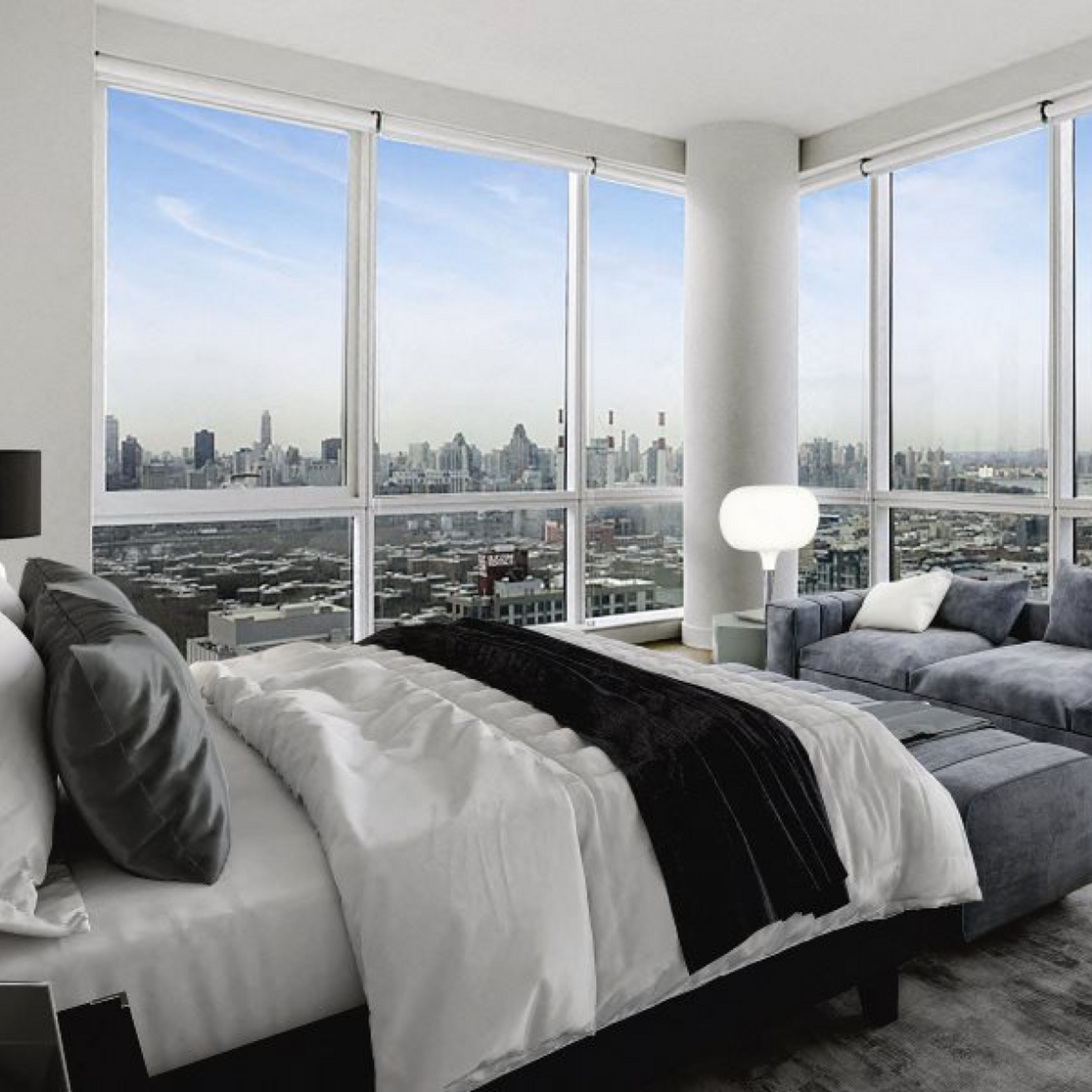 Bedroom area with view of the city