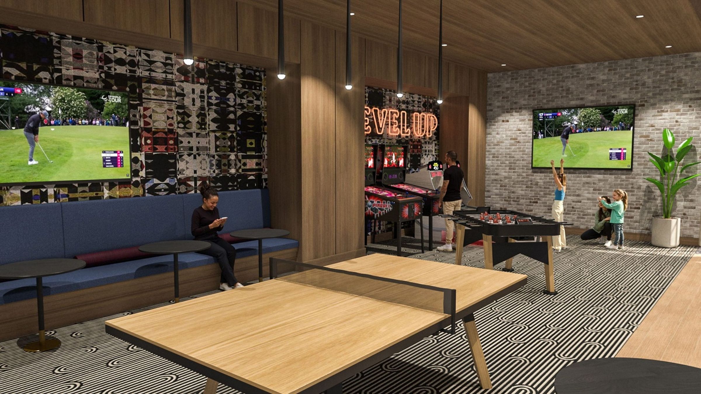 Stylish social lounge with ping pong, foosball, arcade games, and TVs.
