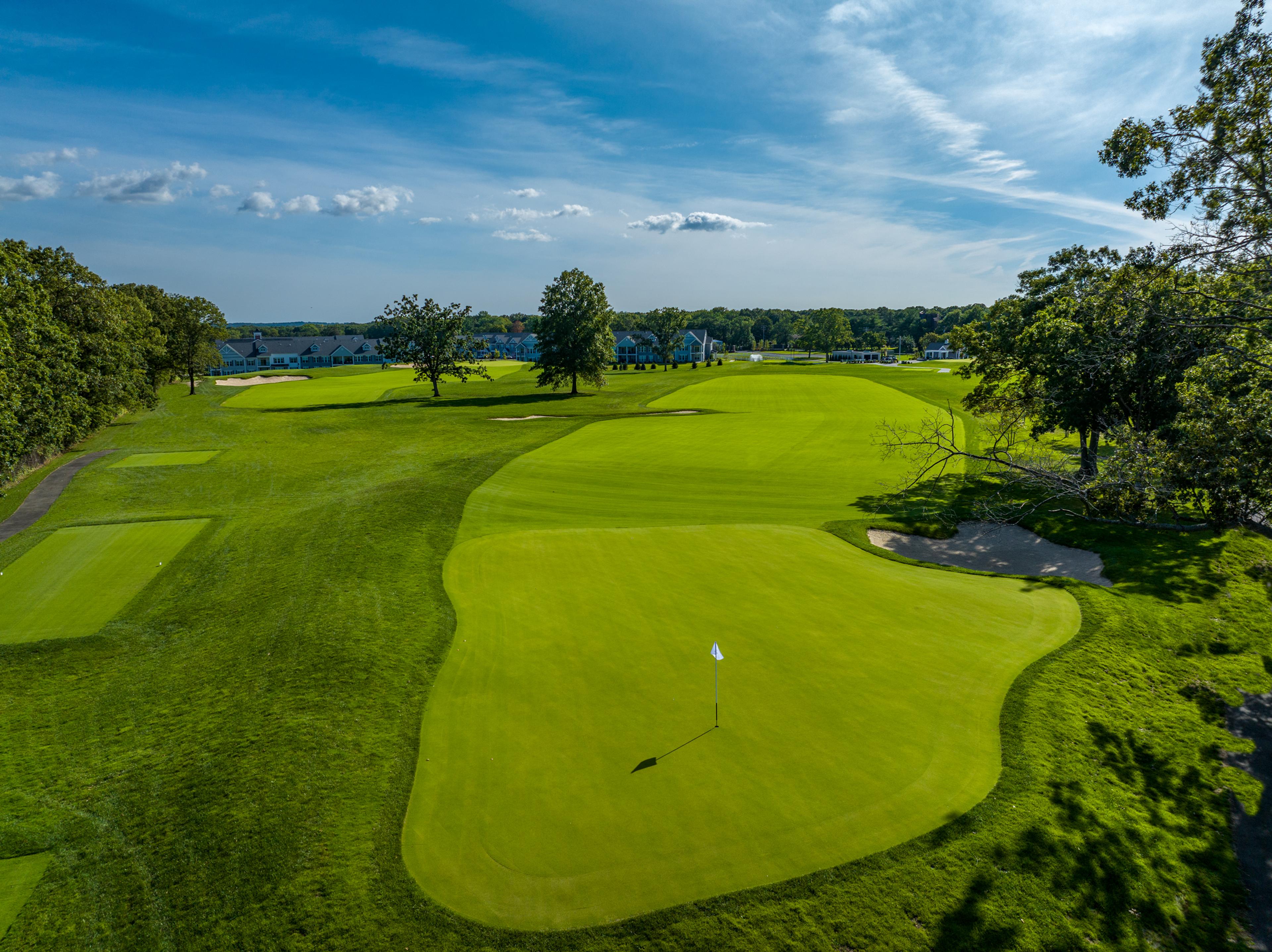 1st hole at Spy Ring Gold Club, view looking from flag to tee box