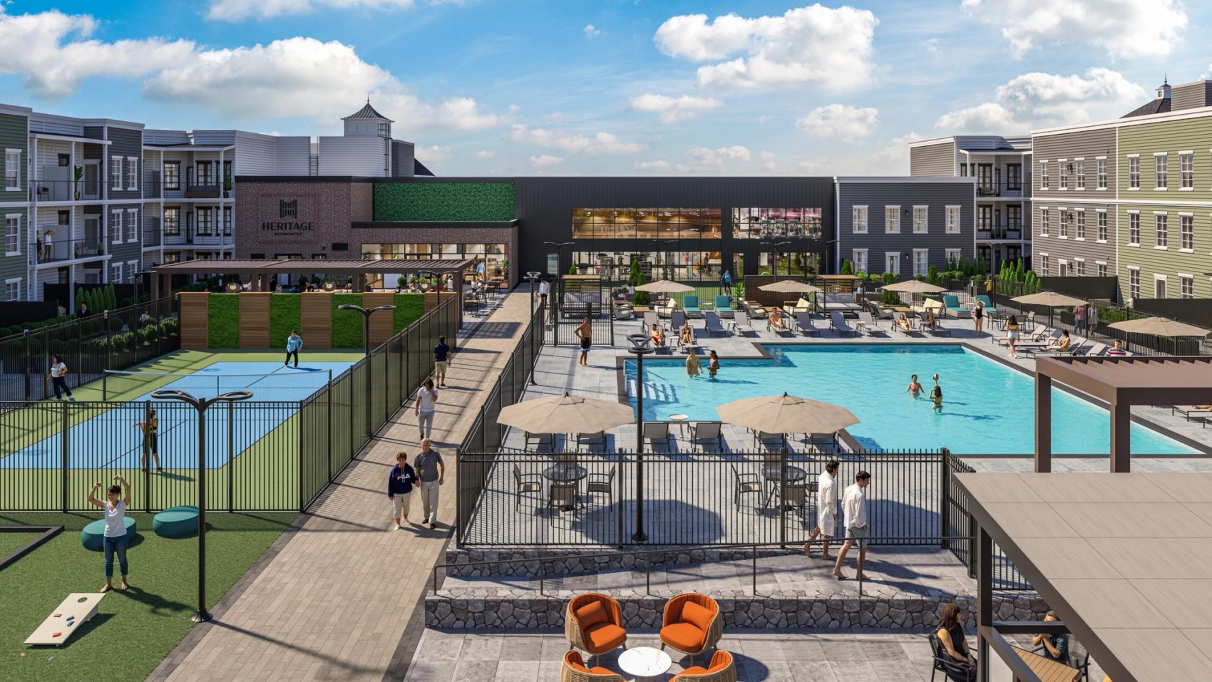 The quad courtyard at Heritage Westminster offers a private, landscaped retreat with spaces for lounging, dining, play, and wellness.