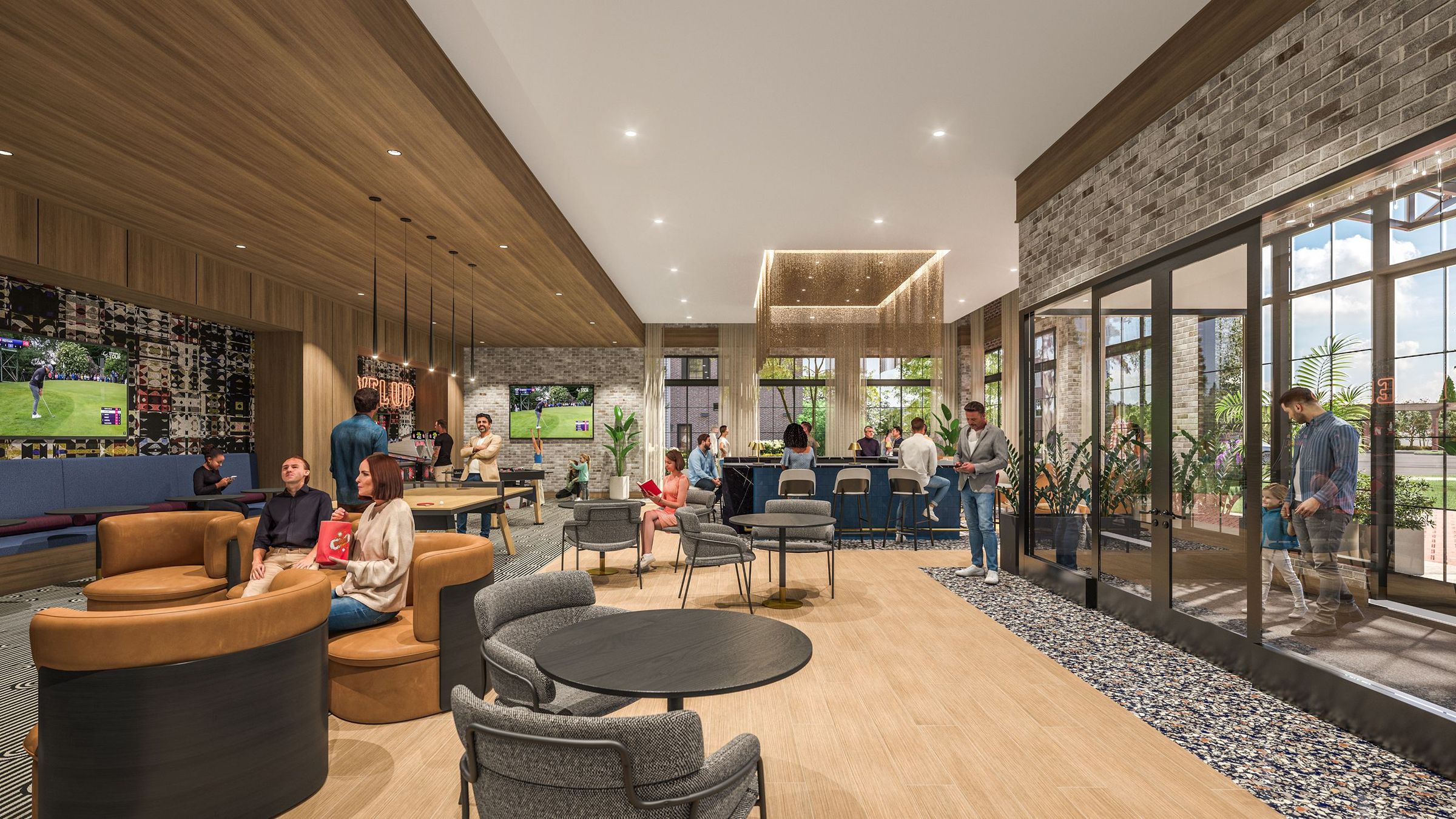Modern community lounge with bar seating, ping pong, TVs, and people socializing and relaxing.
