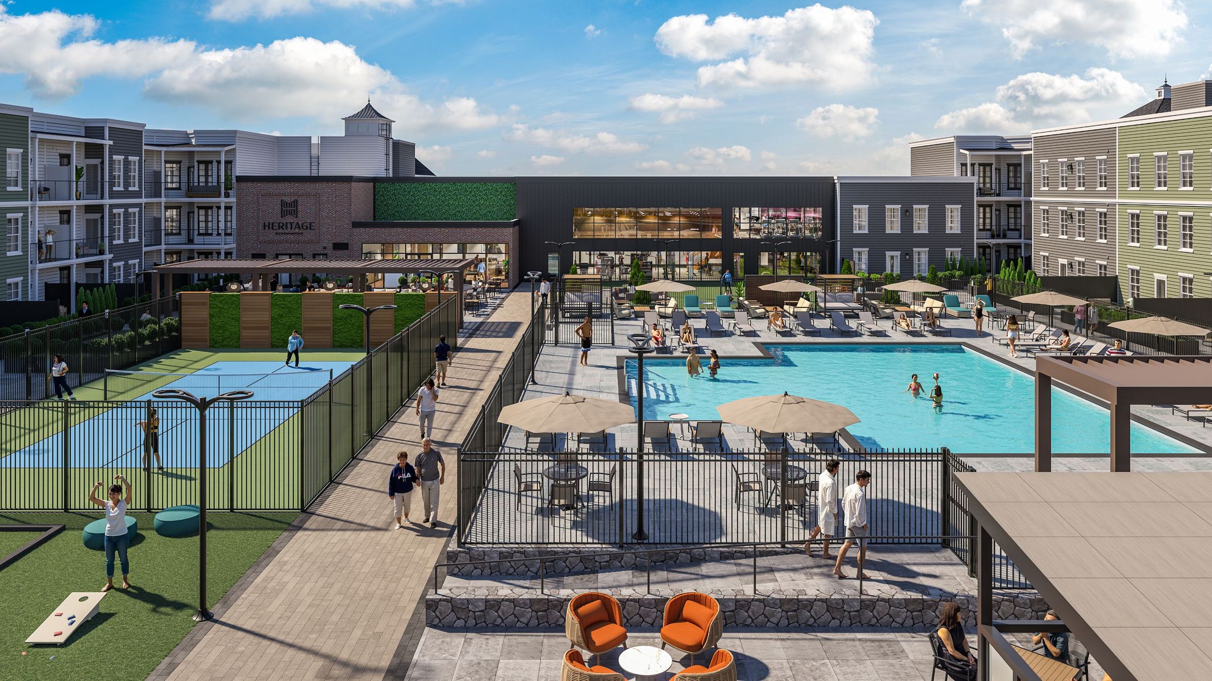 Outdoor recreation area with pool, lounge chairs, pickleball courts, and people enjoying activities.