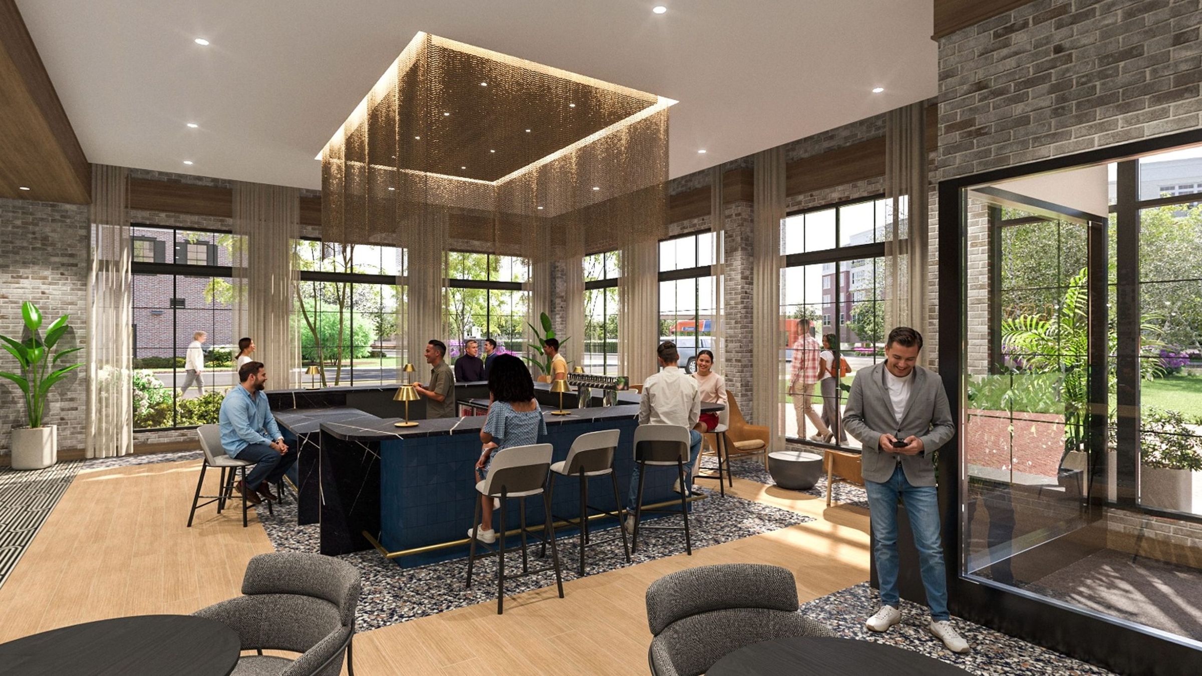 Modern indoor lounge with bar seating, hanging lights, large windows, and people socializing.