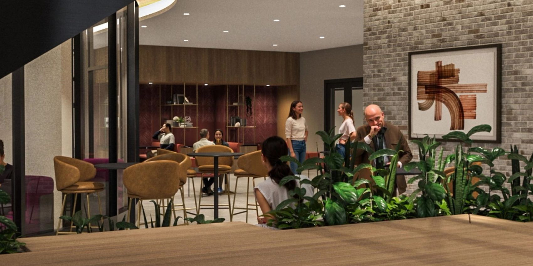 A bright, inviting space with hi-top tables and lush greenery—perfect for quick meetups, remote work, or a moment of pause.