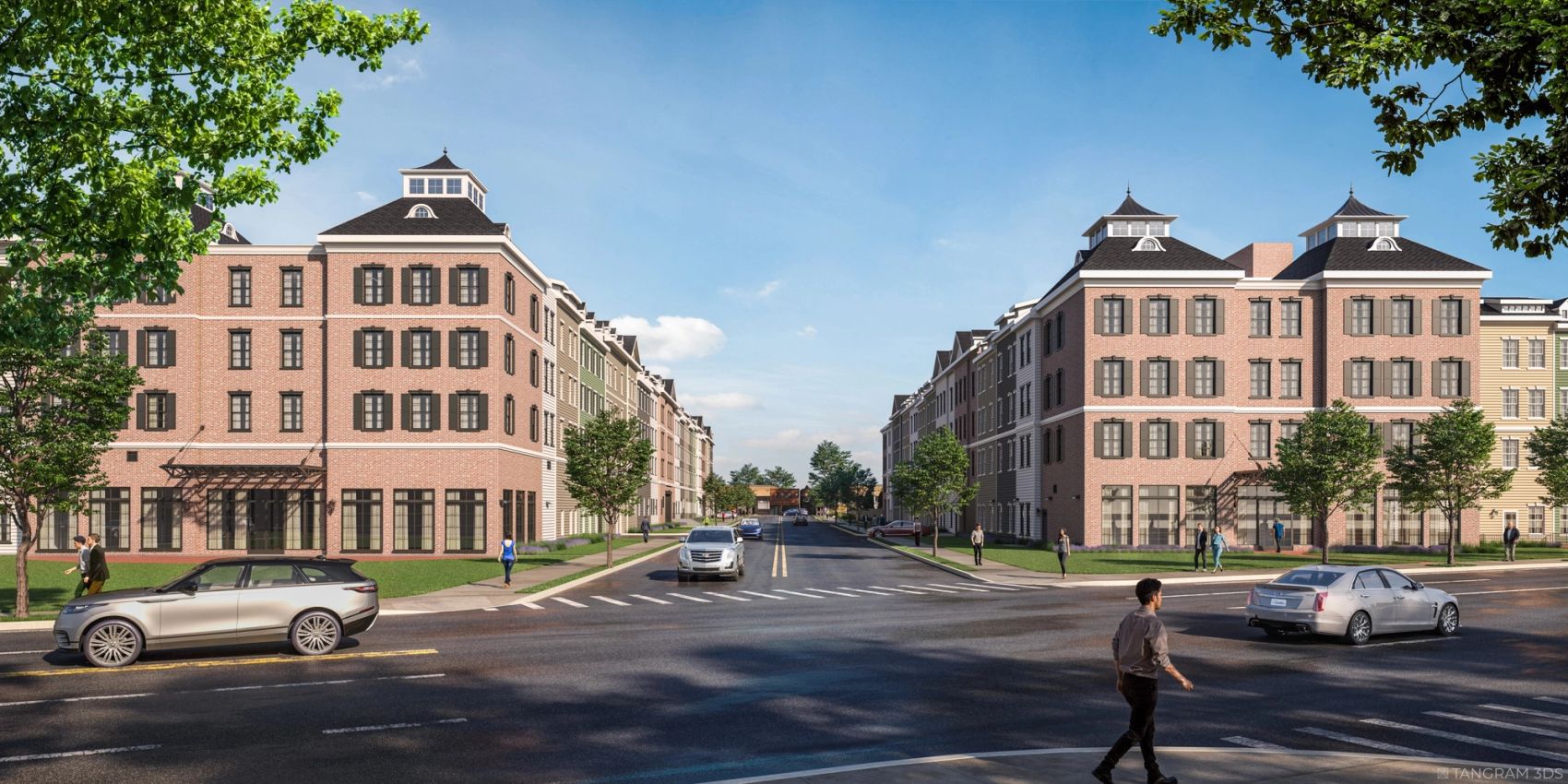 Street-level view of both Heritage Westminster buildings from Hempstead Turnpike, highlighting the property’s scale and contemporary design.