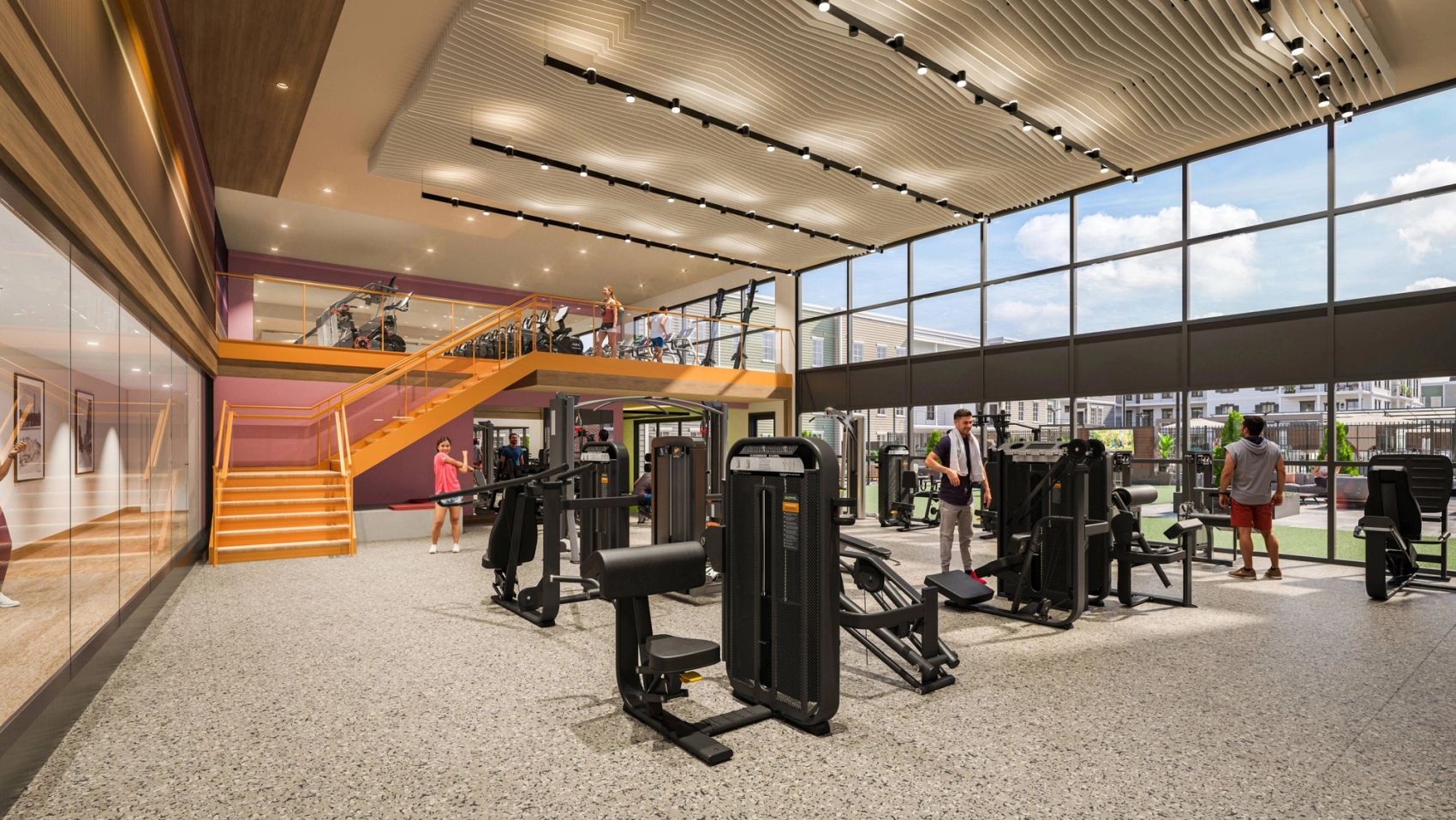 A bright, energizing gym with floor-to-ceiling windows and courtyard views—bringing the outdoors in while you work out.