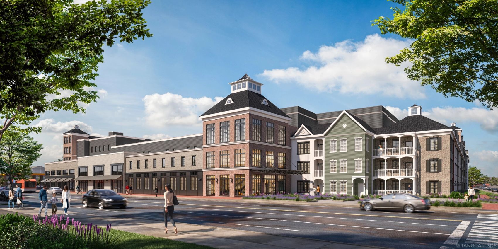 Street view of Heritage Westminster along South Hempstead Avenue, blending modern architecture with a welcoming neighborhood feel.