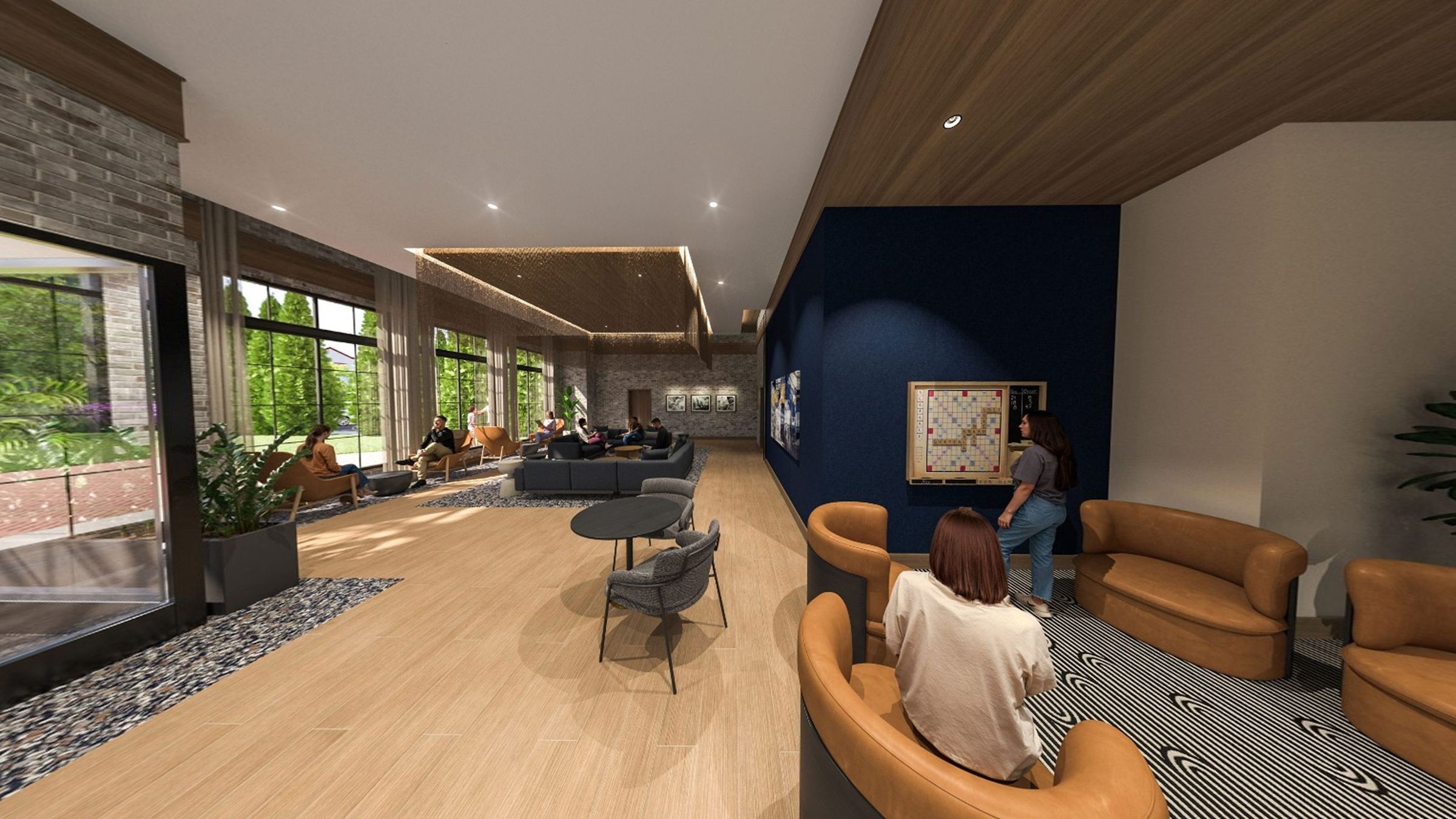 Modern lounge with people relaxing and playing Scrabble in a cozy, sunlit indoor setting.