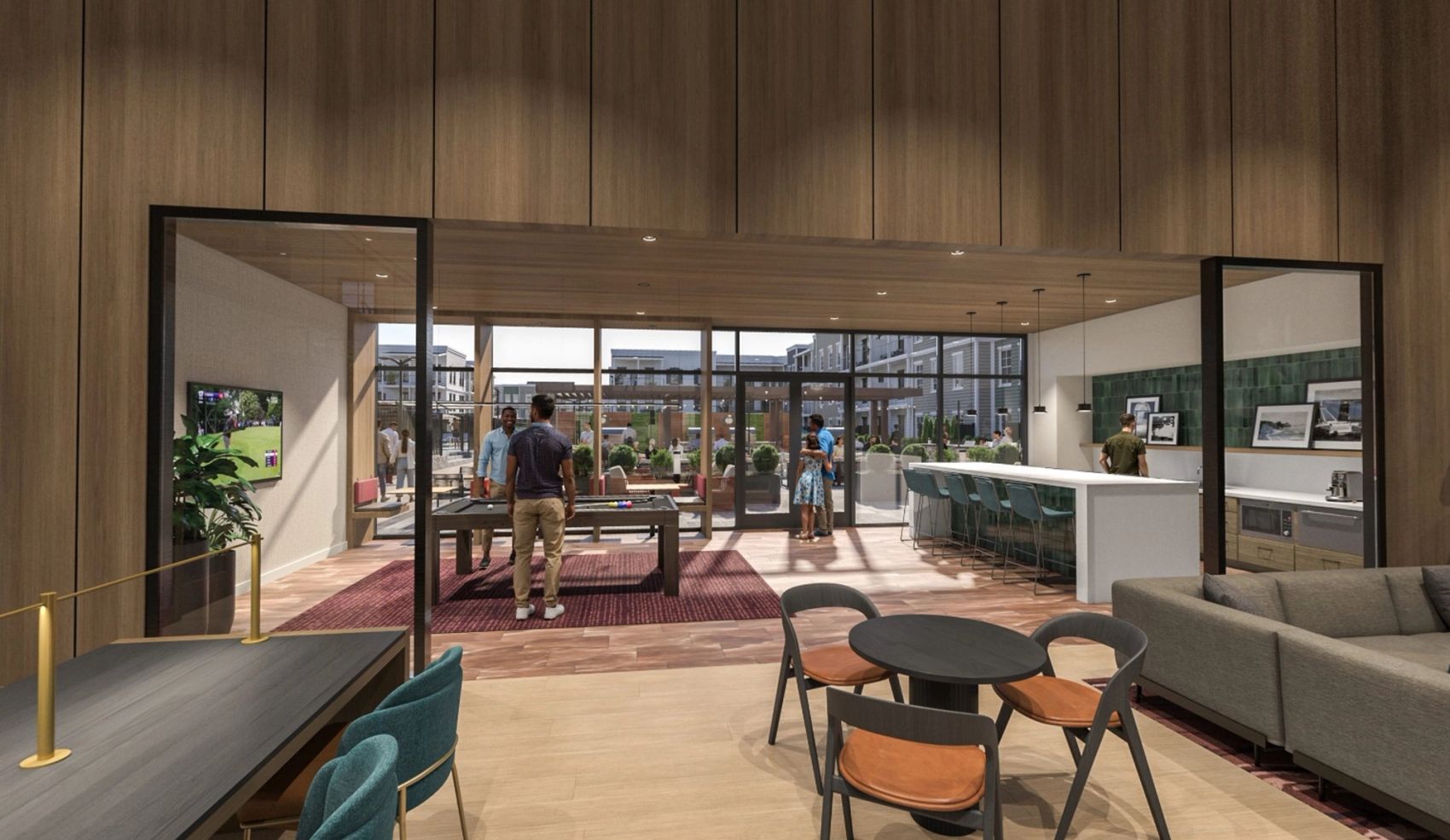 Designed for hosting, this sleek space features a pool table, TV, and bar—all framed by full-length glass doors for a modern, open feel.