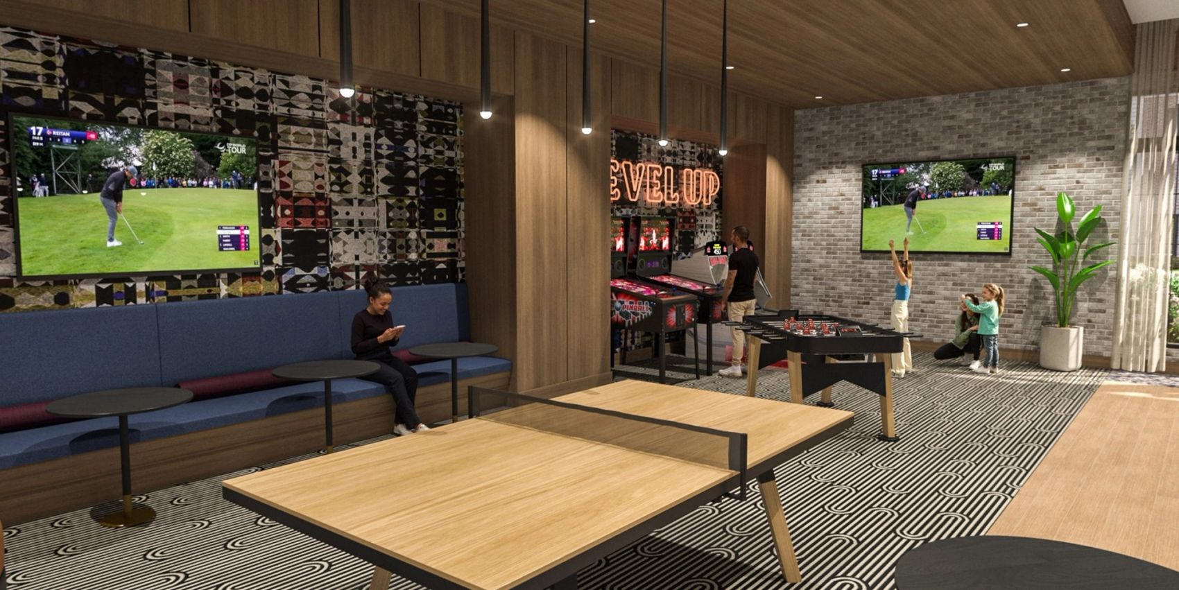 Designed for all ages, this vibrant space features ping pong, foosball, arcade games, and TVs—ideal for laid-back nights or lively get-togethers.