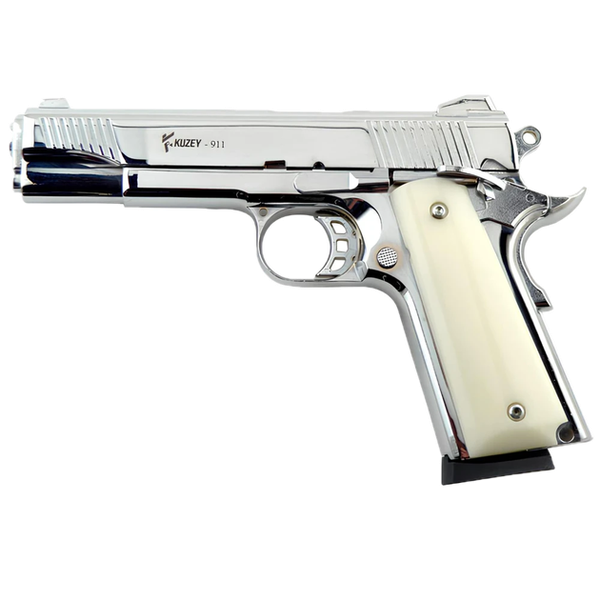 Стартовий пістолет Kuzey shiny chrome, білі ручки, з дод. магазином (Colt 1911)