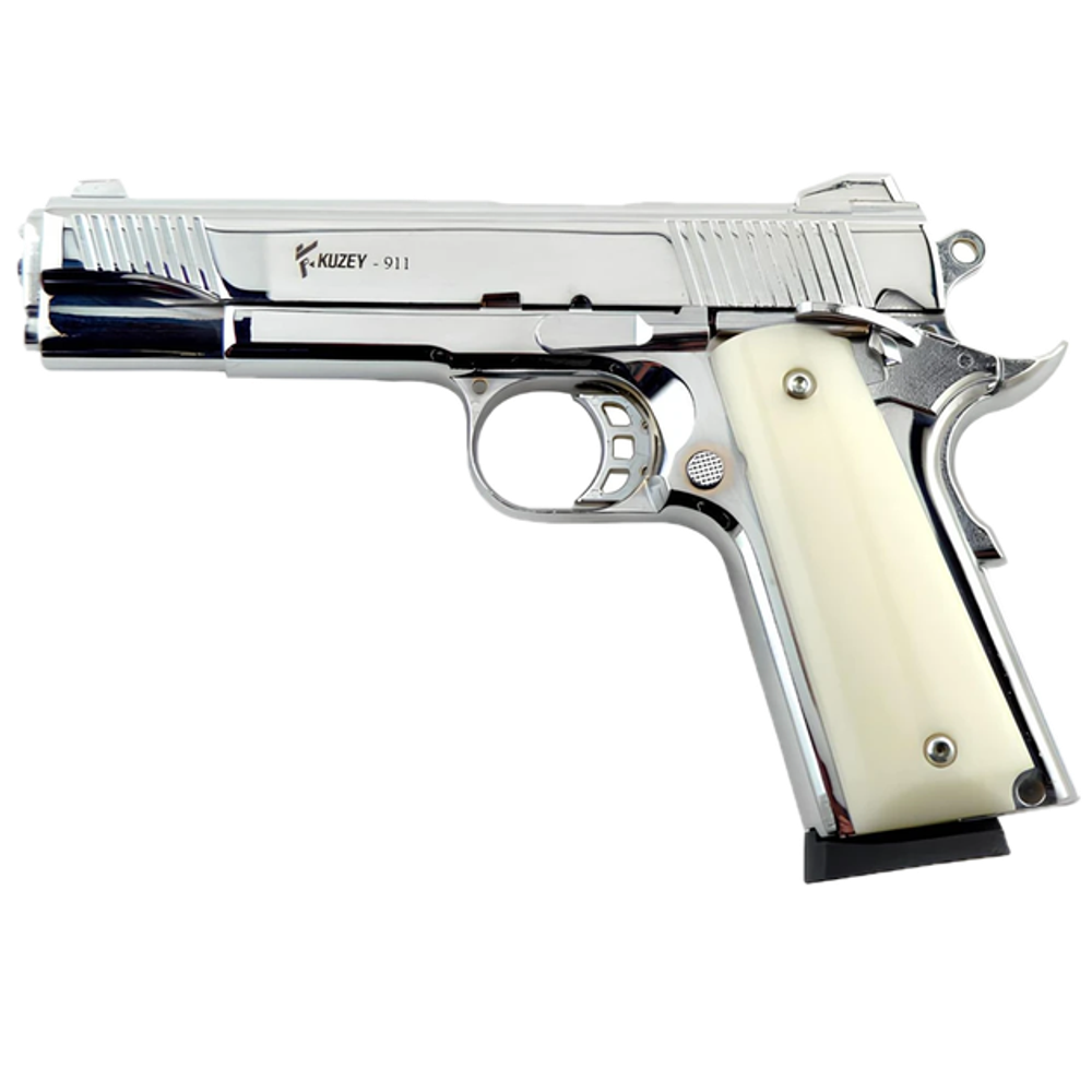 Стартовий пістолет Kuzey shiny chrome, білі ручки, з дод. магазином (Colt 1911)