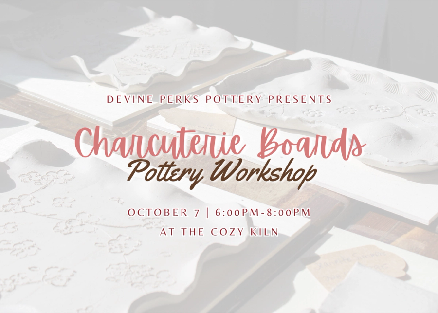 Image of Hand Built Charcuterie Boards with Text Overlaid about Class Information
