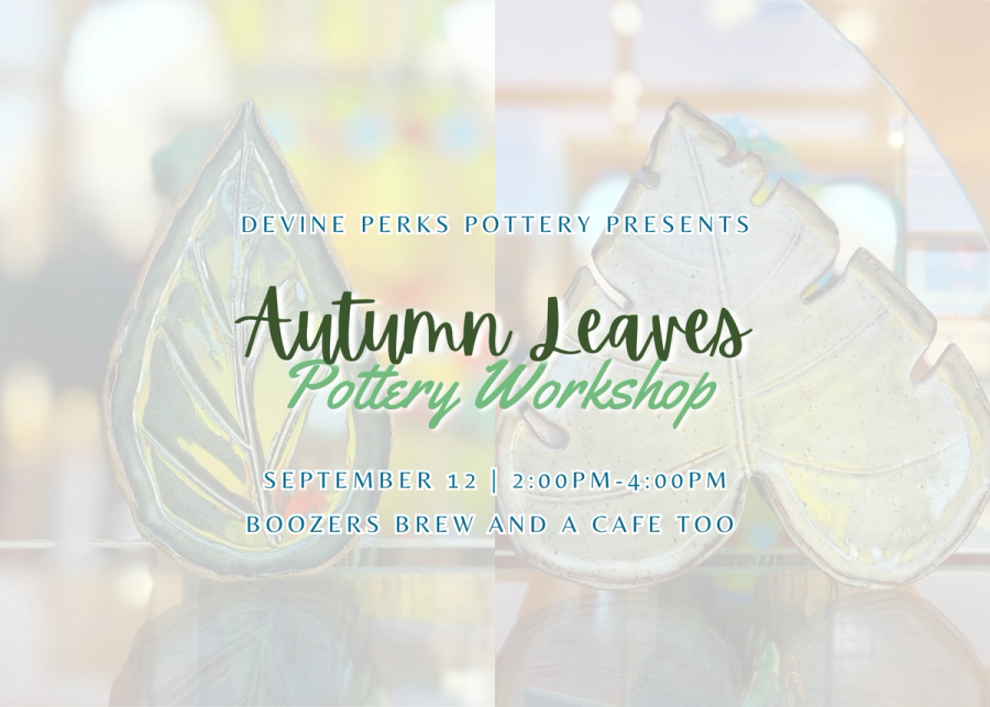 Image of Handbuilt Ceramic Leaves with Text Overlaid about Class Information