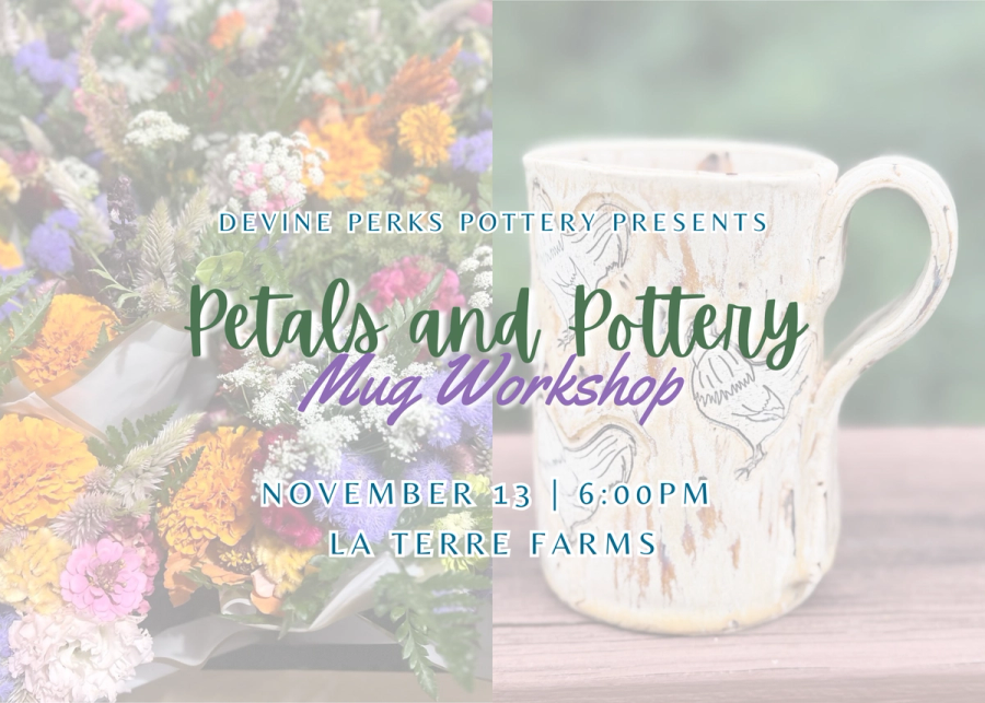 Faded images of florals and a mug with workshop information in text form in front