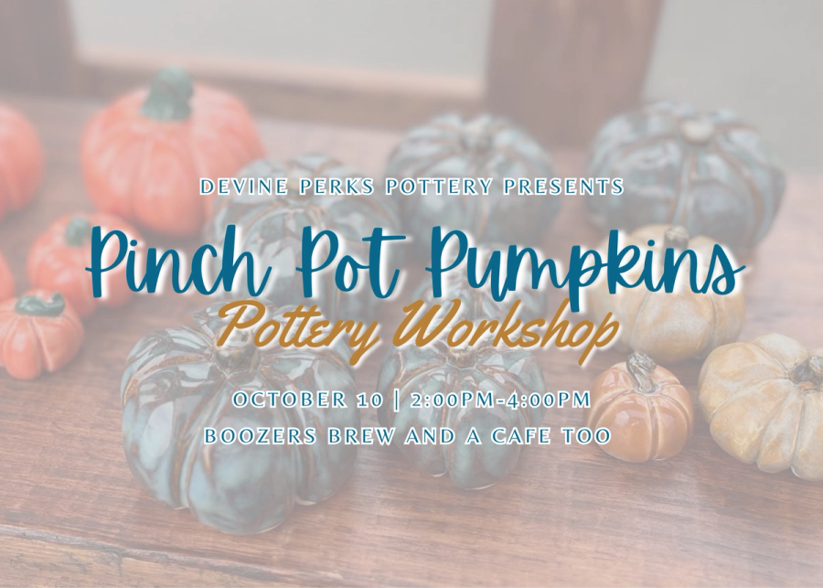 Image of ceramic pumpkins with text overlaid about pottery class