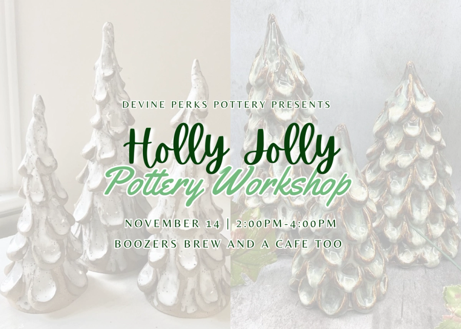 Images of handmade Christmas trees with text overlaid about class information. 
