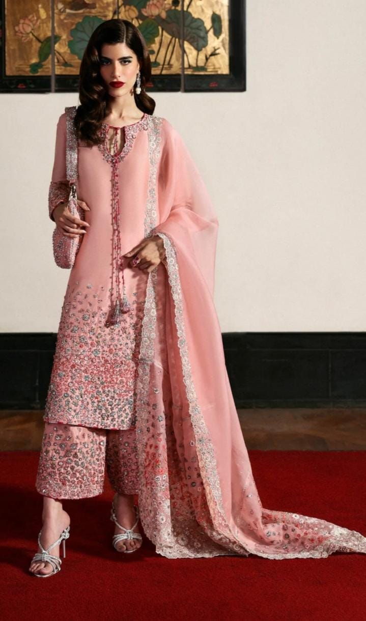 Hussain rehar tasal silk peachy dress