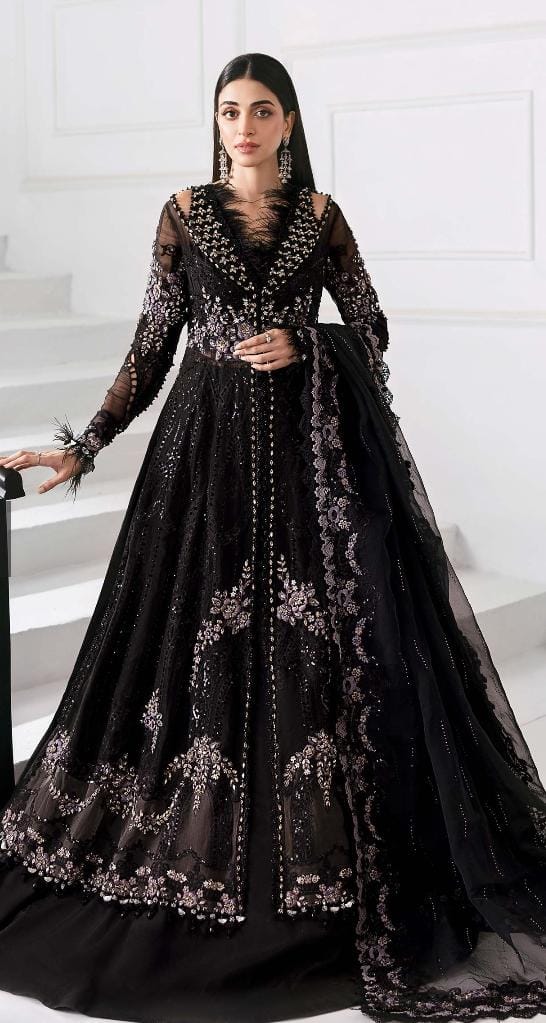 Mariab blackish beauty maxi with hand embolisment and 3D work