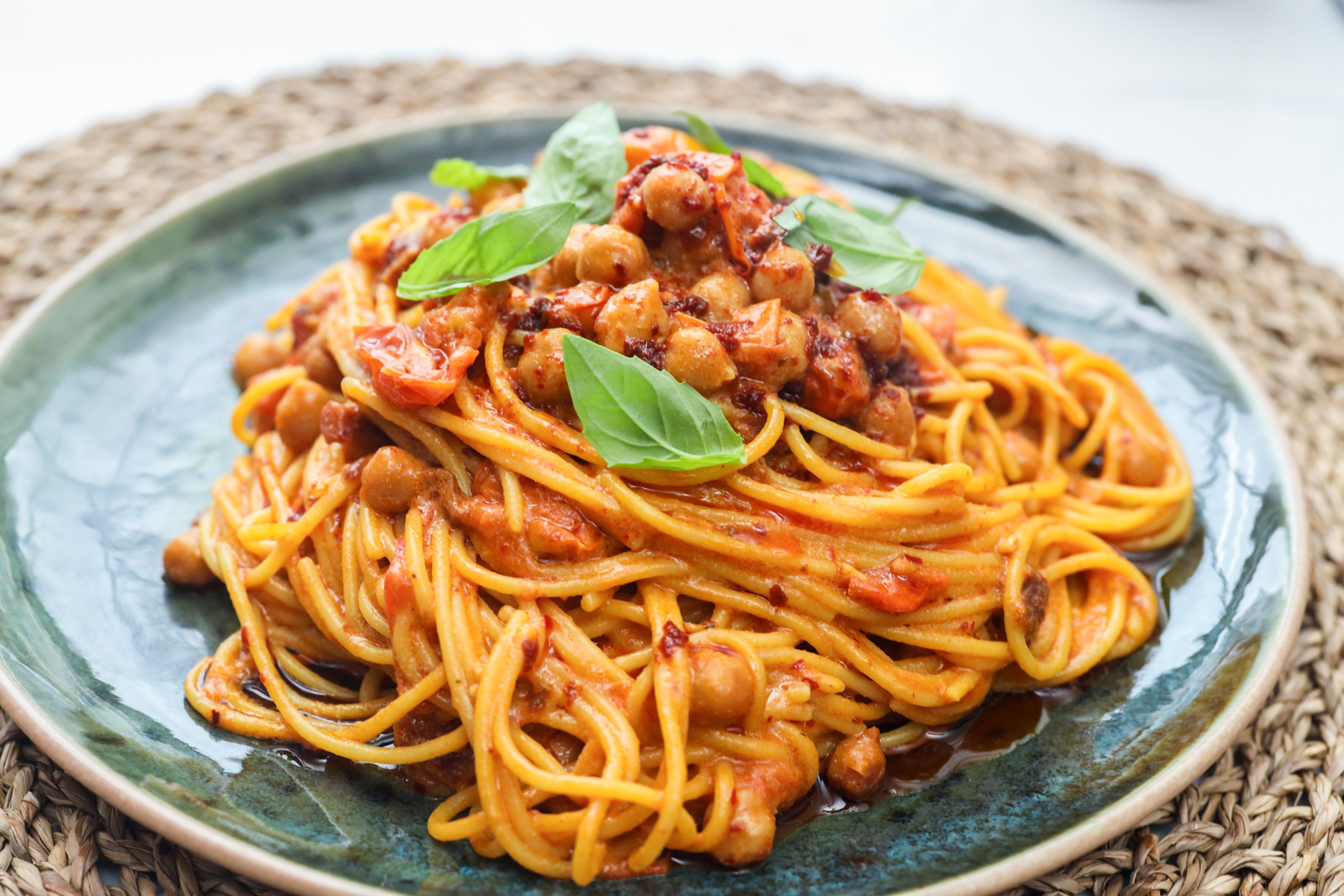 Roast Harissa Tomato And Chickpea Spaghetti