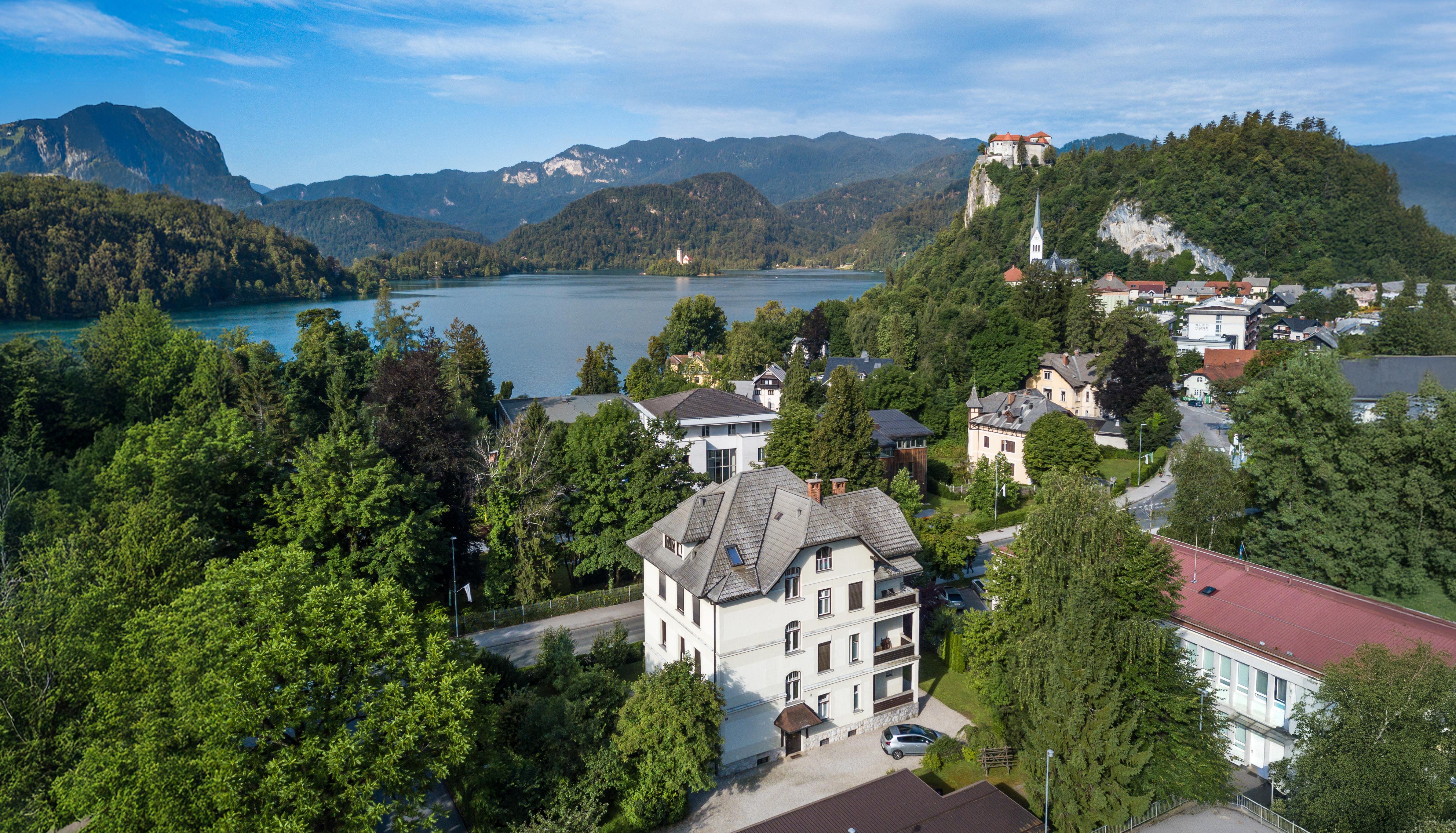 Aerial view of Vila Josephine with lake Bled