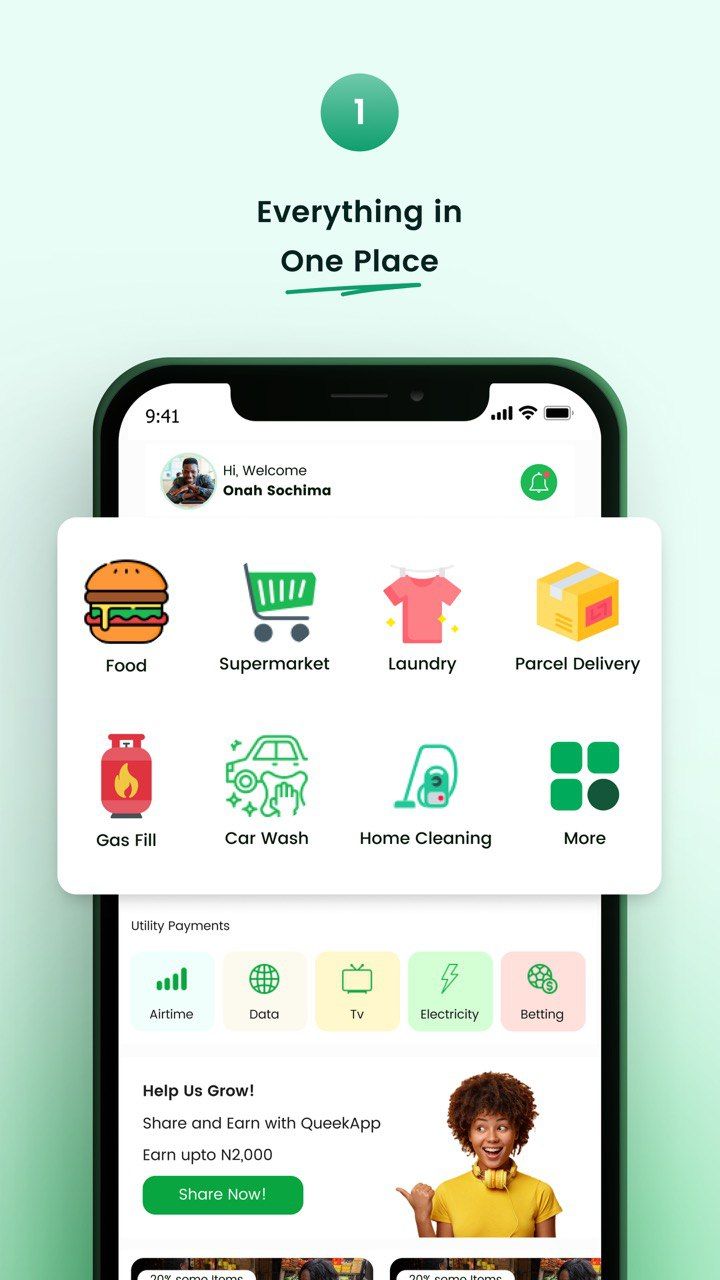 Queek app interface showing multiple service categories
