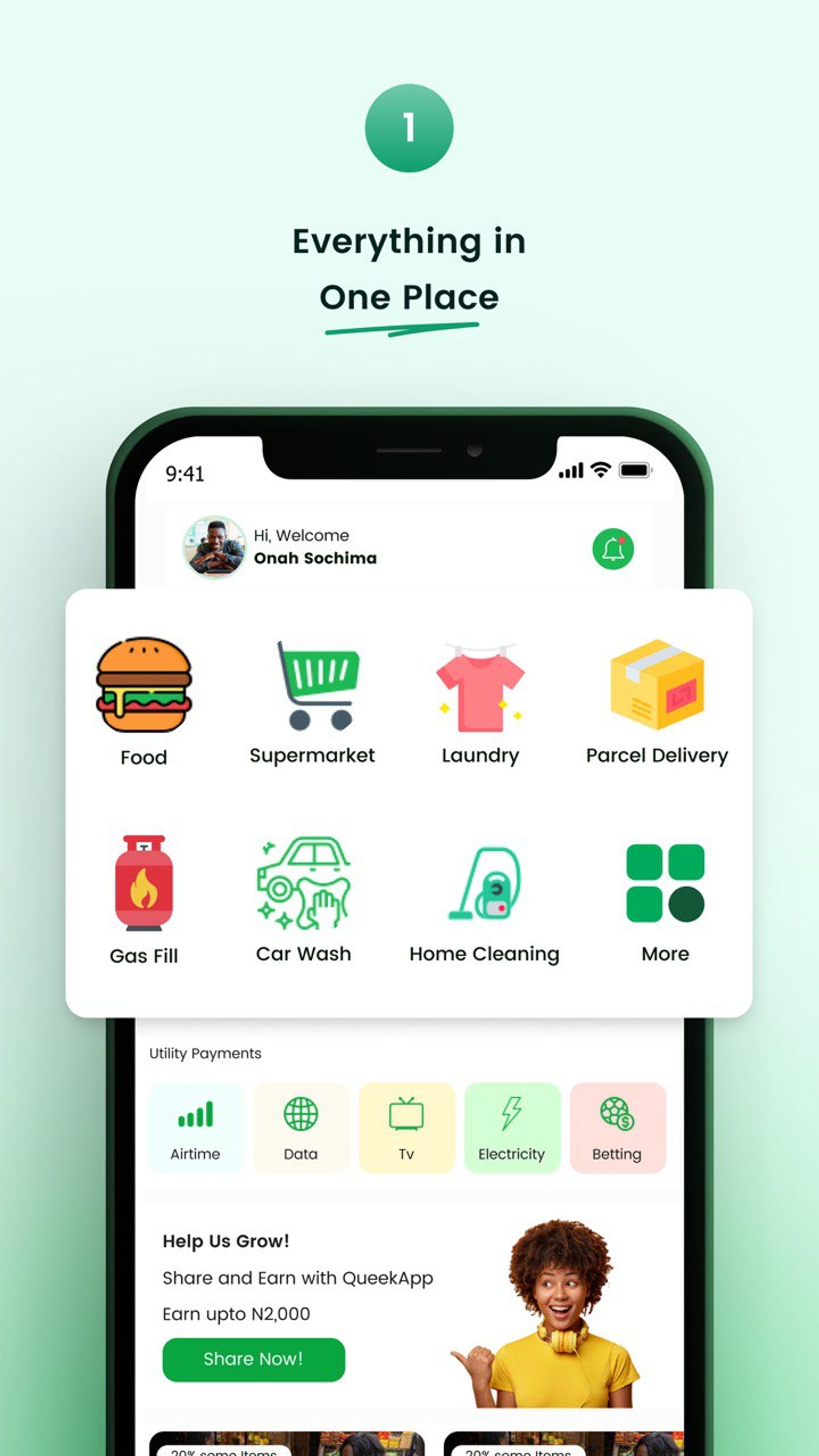 Queek app interface showing multiple service categories