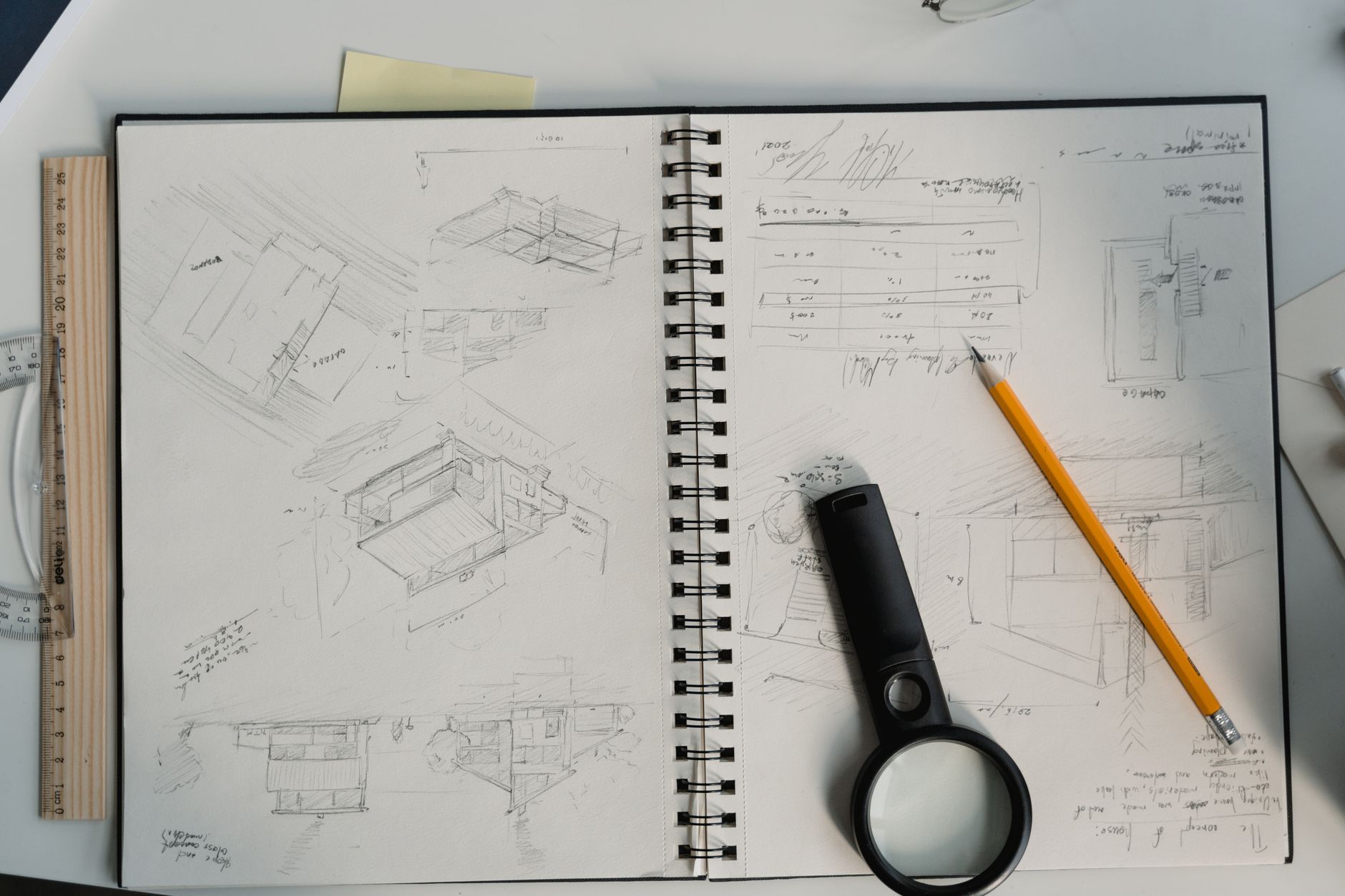 Open sketchbook of detailed technical drawings with a pencil and magnifier