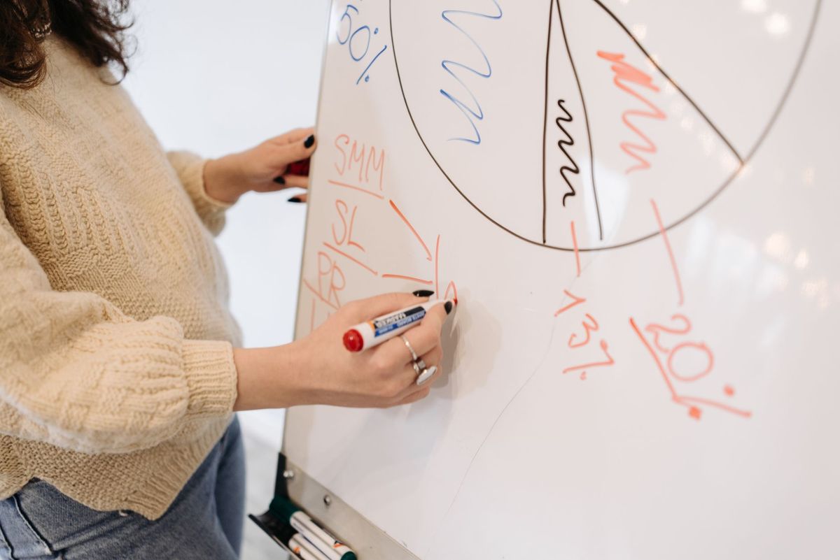 Woman writing figures and a pie chart on a whiteboard