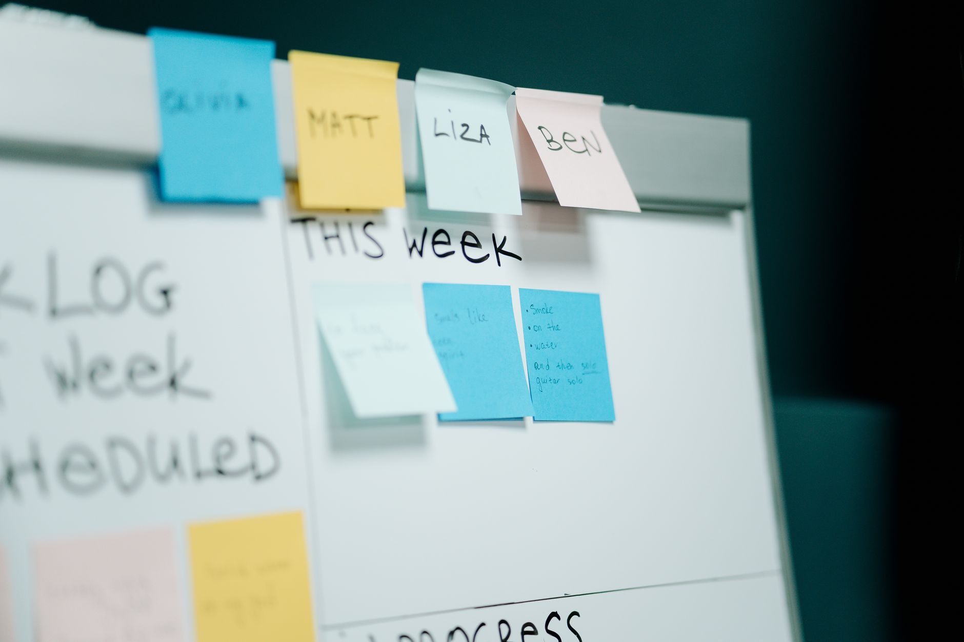 Whiteboard covered in sticky notes tracking the week's work