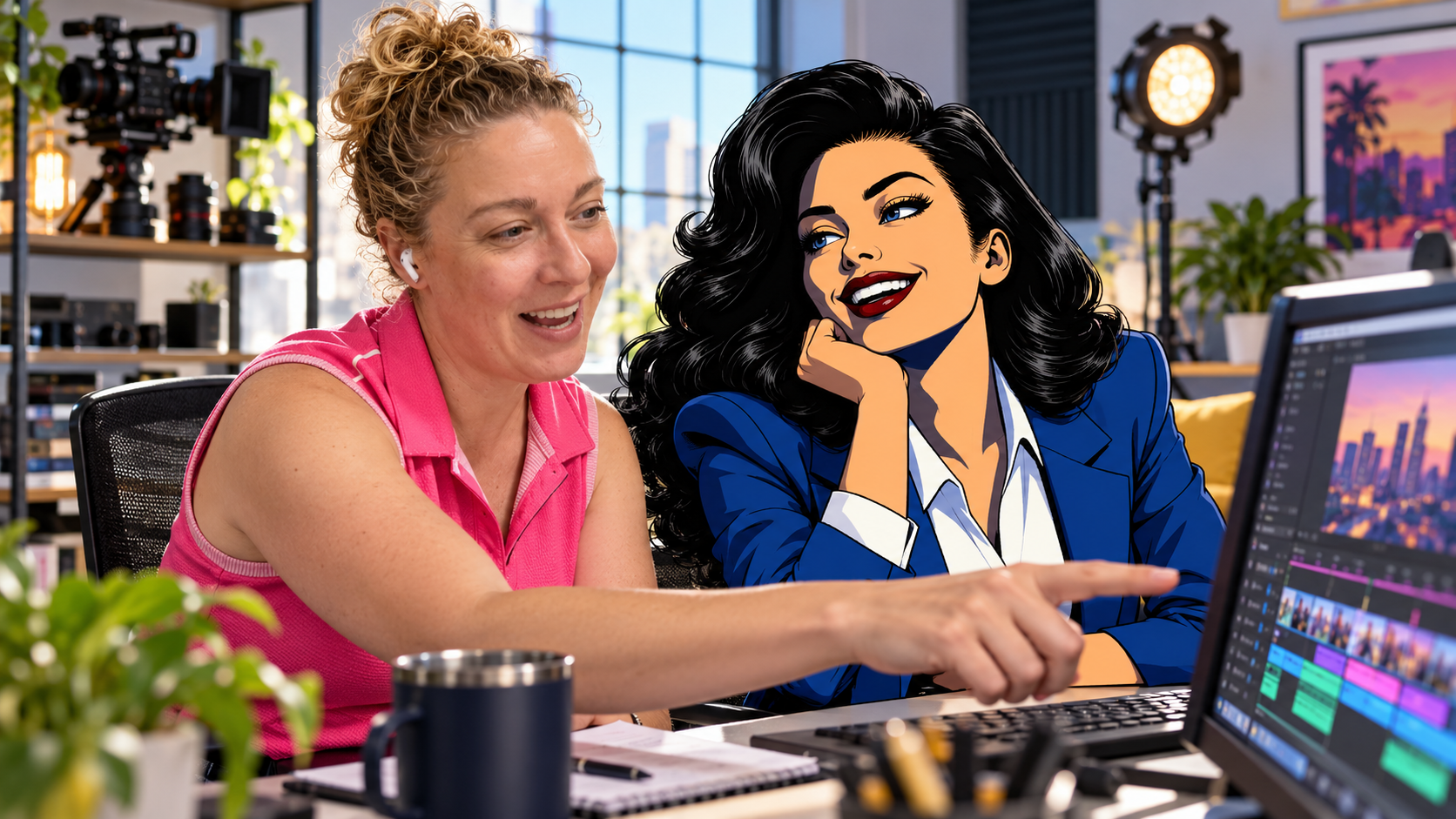 Kira working at her desk, laughing with her AI teammate and pointing at the edit on screen