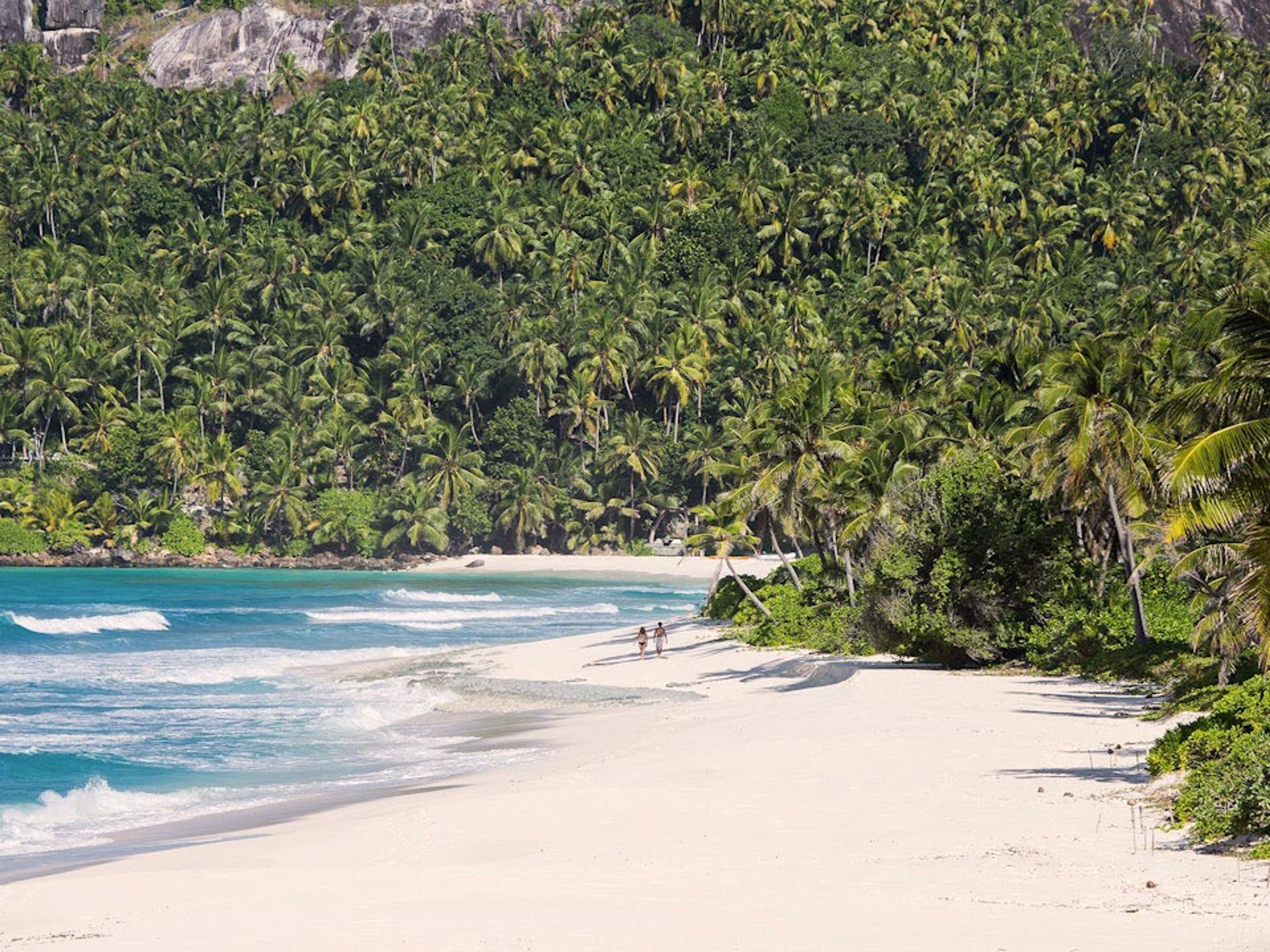 Beach with palm trees and people walking along the shore