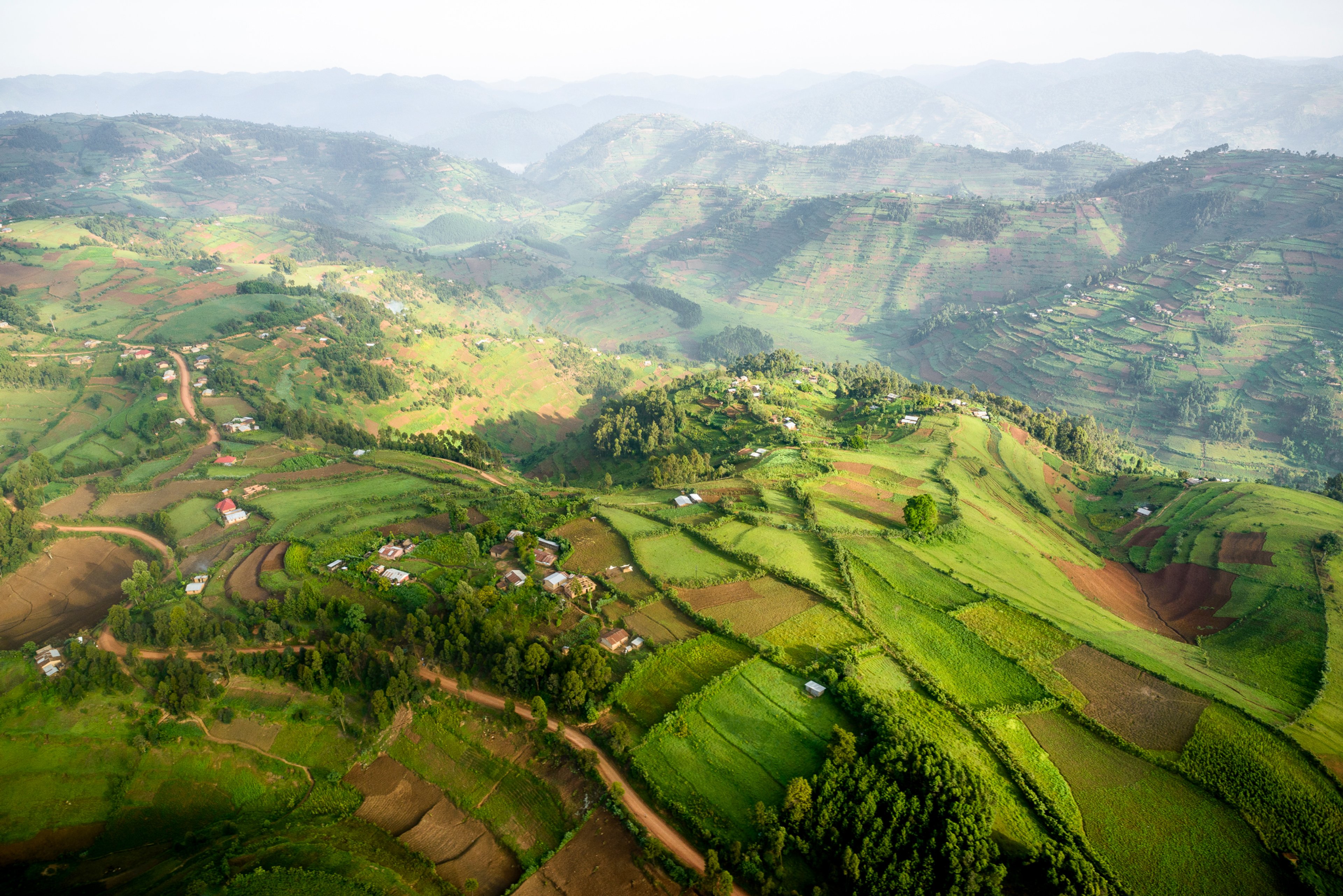 Aerial view of lush, rolling farmland and valleys