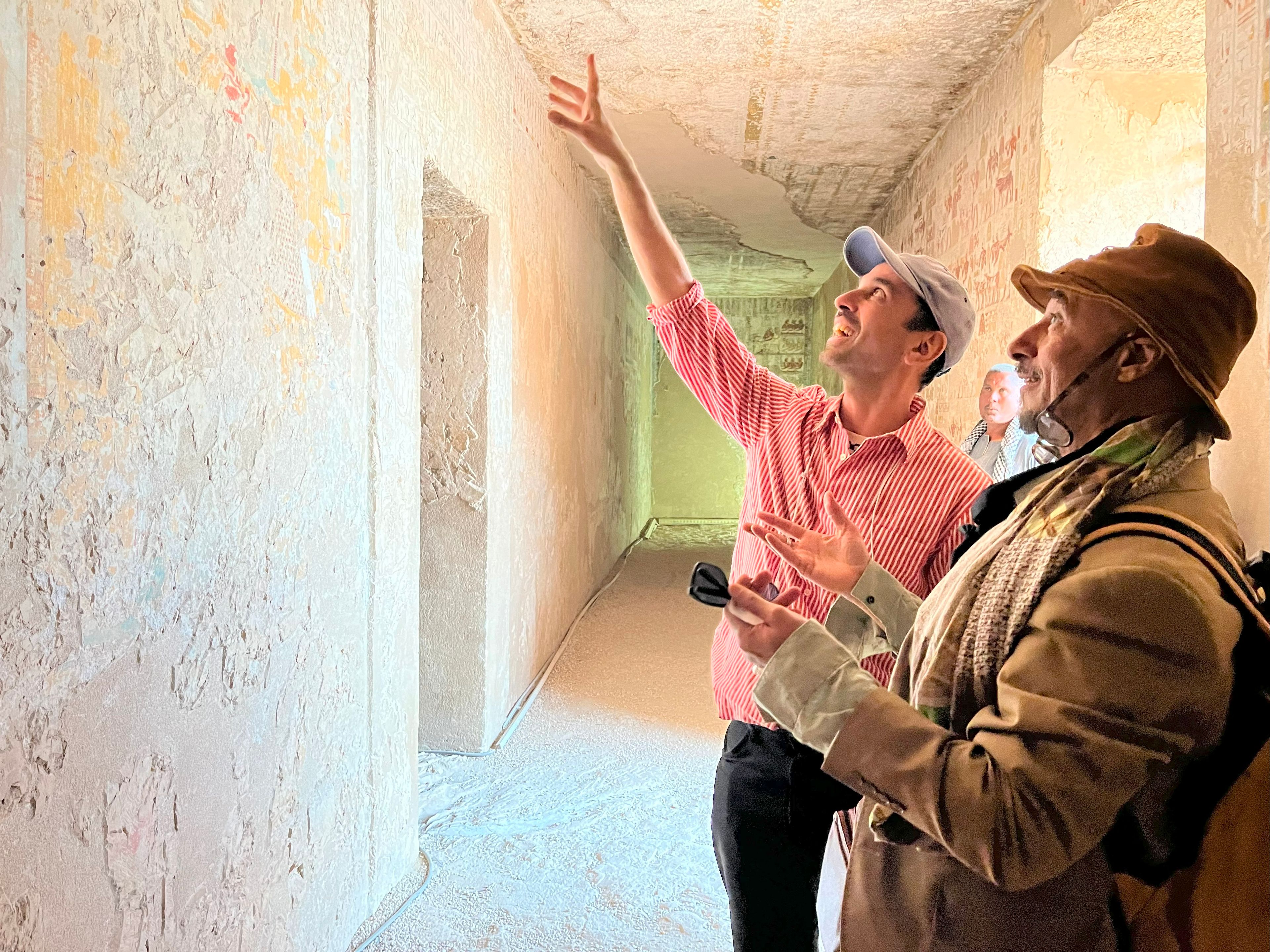Terry van Druten and Sabri Saad El-Hamus at a burial chamber in Luxor, February 2024.
