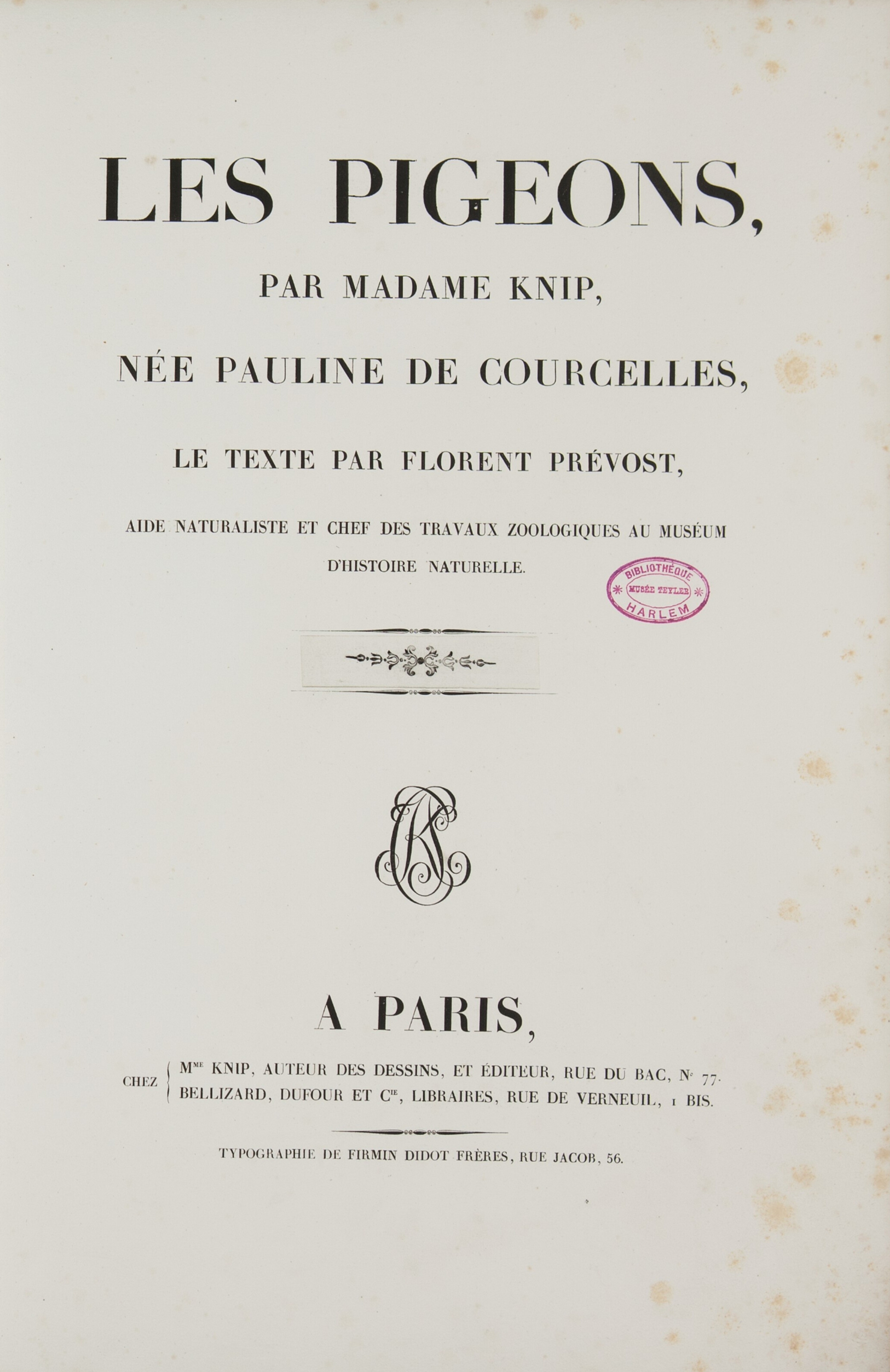 Titelpagina van Pauline Knip-Rifer de Courcelles' 'Les Pigeons', 1838.