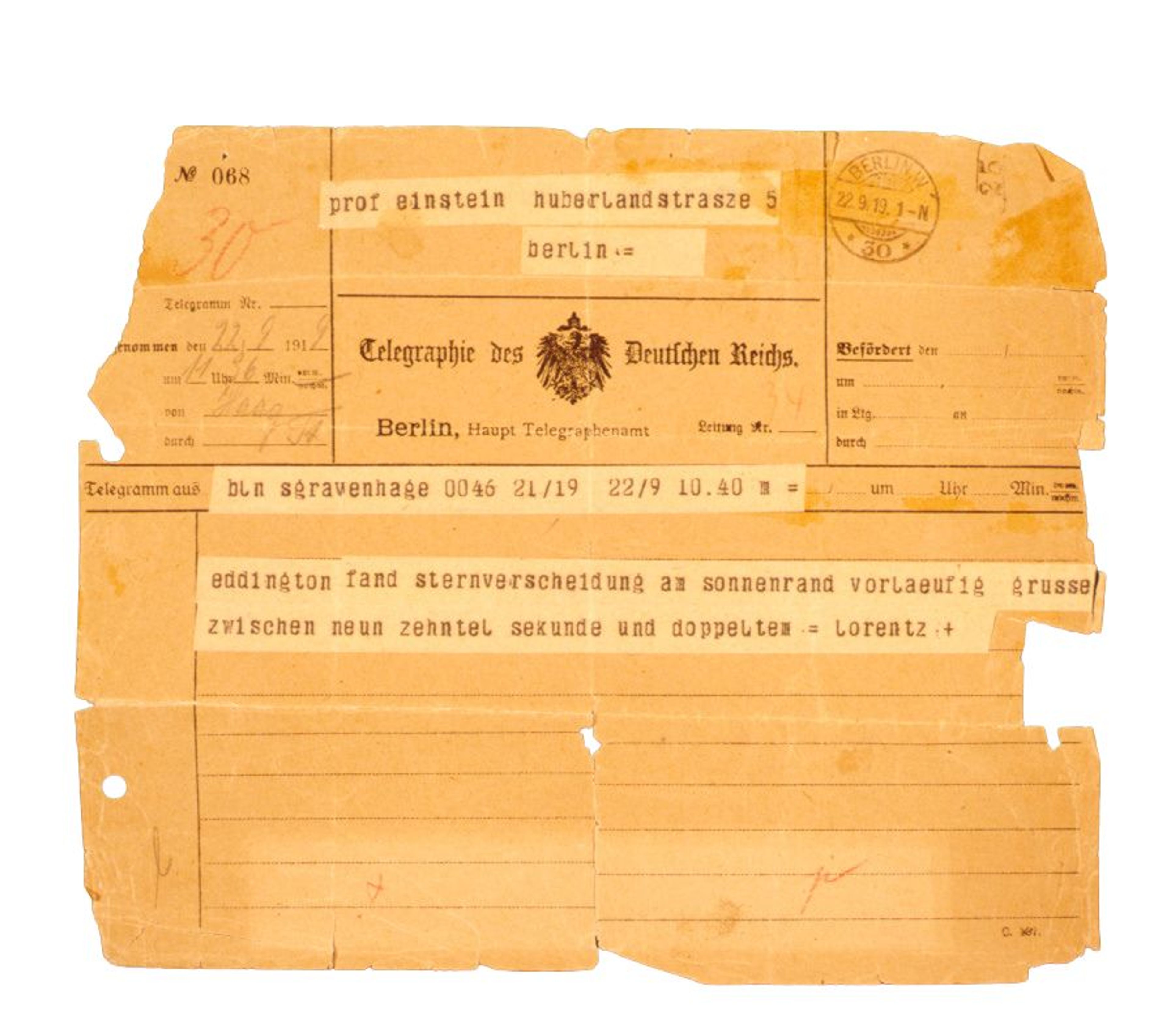 Telegram uit 1919 van Lorentz aan Einstein.